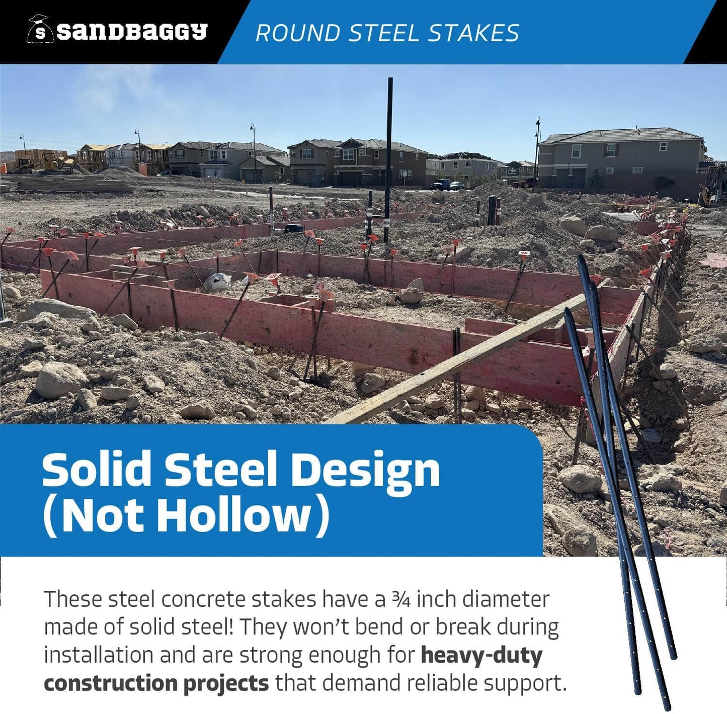 Sandbaggy Round Steel Concrete Form Stakes with Nail Holes - Rust Resistant Coating - Removable, Reusable (100, 3/4 in X 36 in)