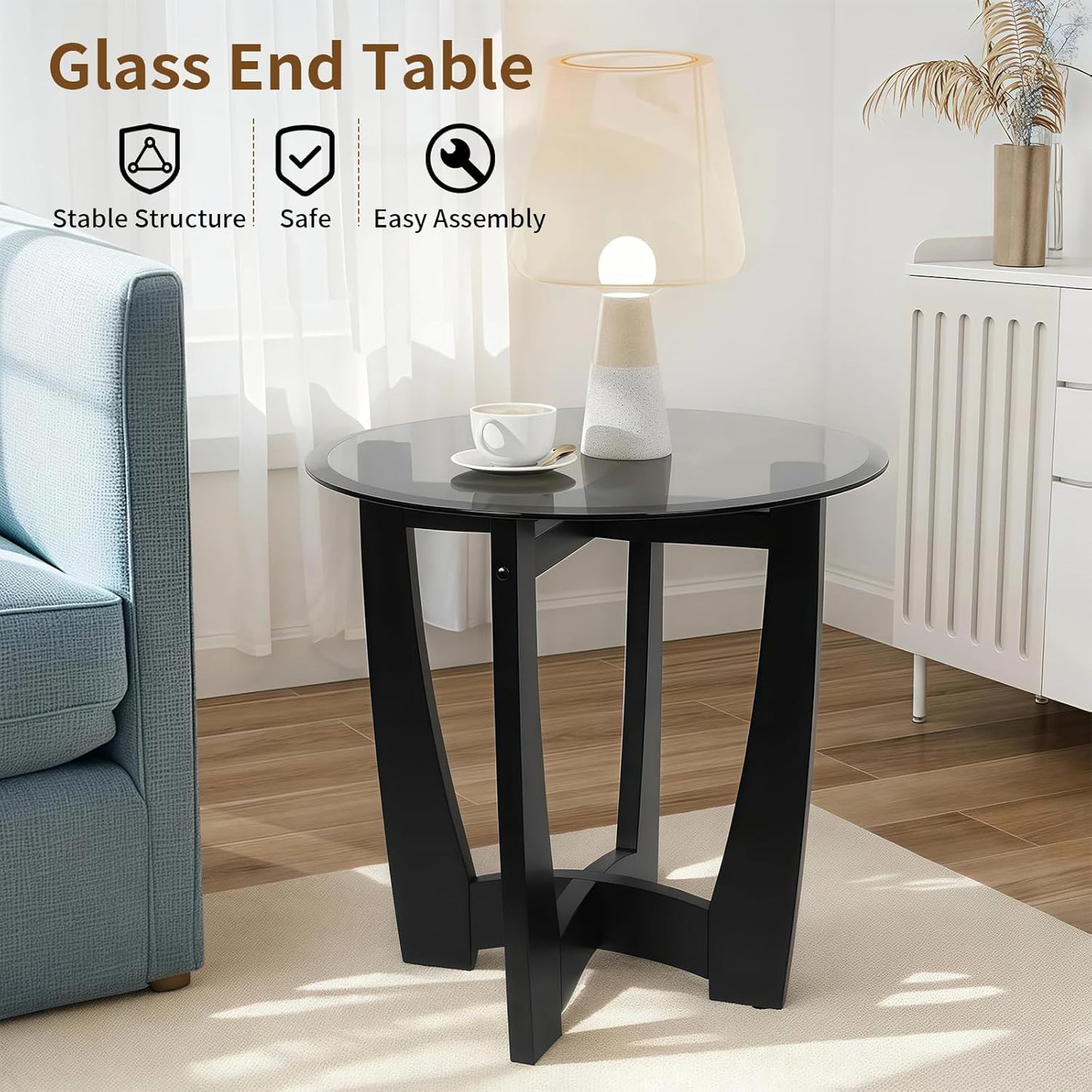 Glass End Table, 23.5" Round Side Tables with Black Tempered Glass Top Cross and Solid Wood Base Small Night Stand for Living Room Office Apartment Black