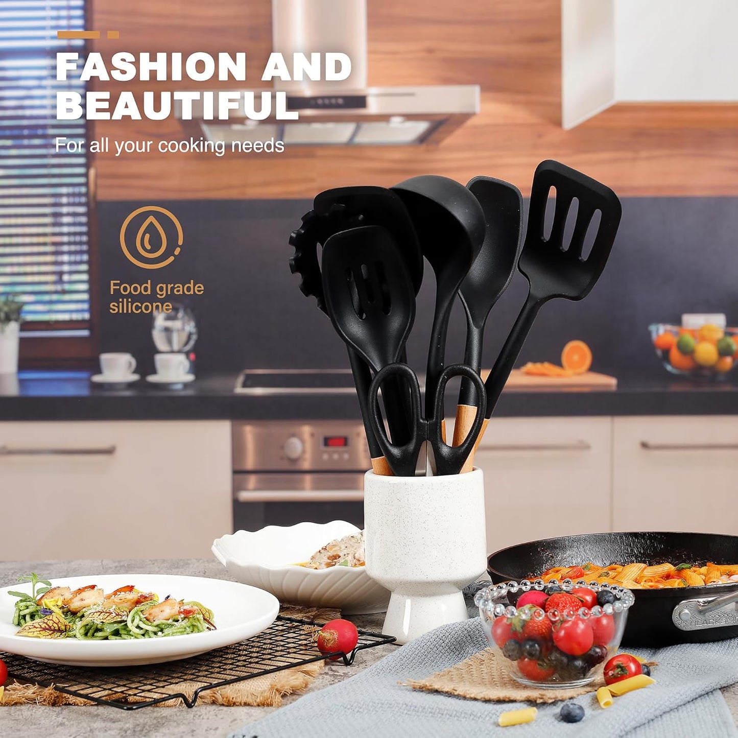 QMVESS Silicone Cooking Utensils Set, Kitchen Utensils Set 7 Pcs with Long Wooden Handle, Food Grade and Heat Resistant Large Silicone Spatula Set for Nonstick Cookware, BPA Free(Black)