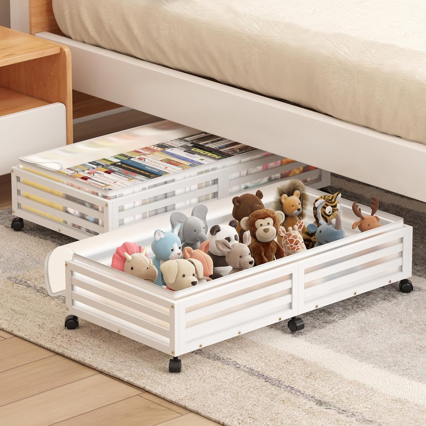 Under Bed Storage Containers With Wheels - 2 Pcs Large Bamboo Wood Rolling Underbed Shoe Storage Bins With Dust Bags for Clothes Blankets, Duvet Covers Snacks Toys (White)