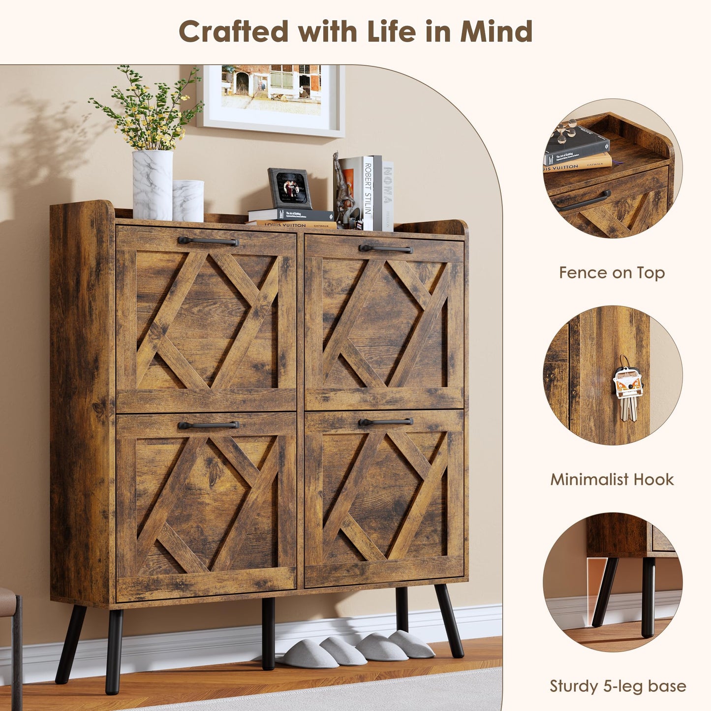 Nicetree Shoe Cabinet Storage for Entryway, Freestanding Shoe Storage Cabinet, Farmhouse Narrow