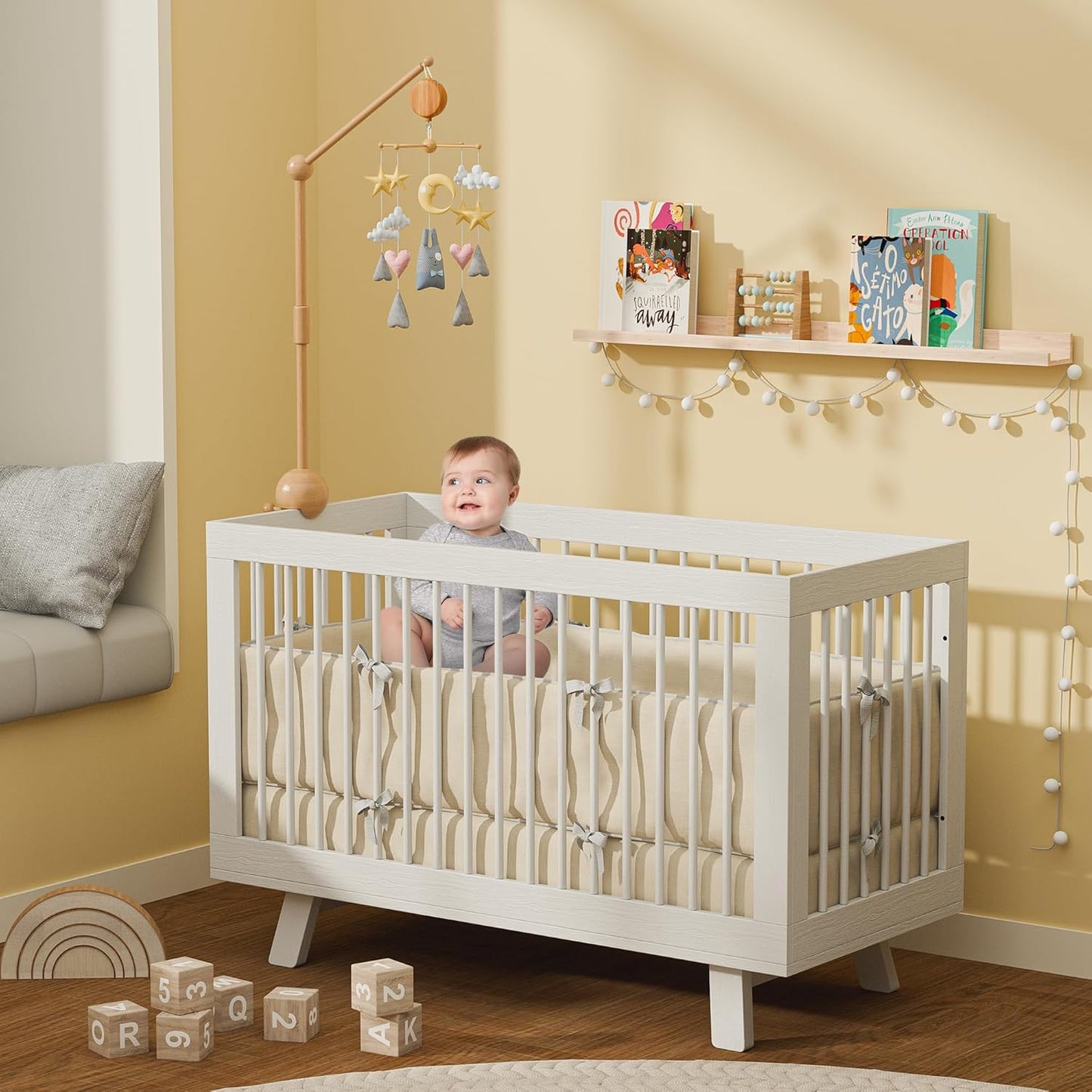 Crib Mobile Arm with Music Box,32.5 Inch Crib Mobile Stand,Wooden Mobile Arm for Crib (2 Modes,360°Adjustable,100% Beech Wood) Baby Crib Mobile for Boy and Girl