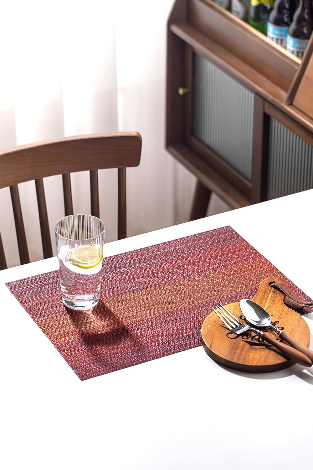 LEXMORE Placemats Set of 6 Vinyl/Plastic Woven Place Mats for Kitchen Table Indoor/Outdoor Washable Placemat Wipeable Dining Table Mats(Pomegranate Parade)