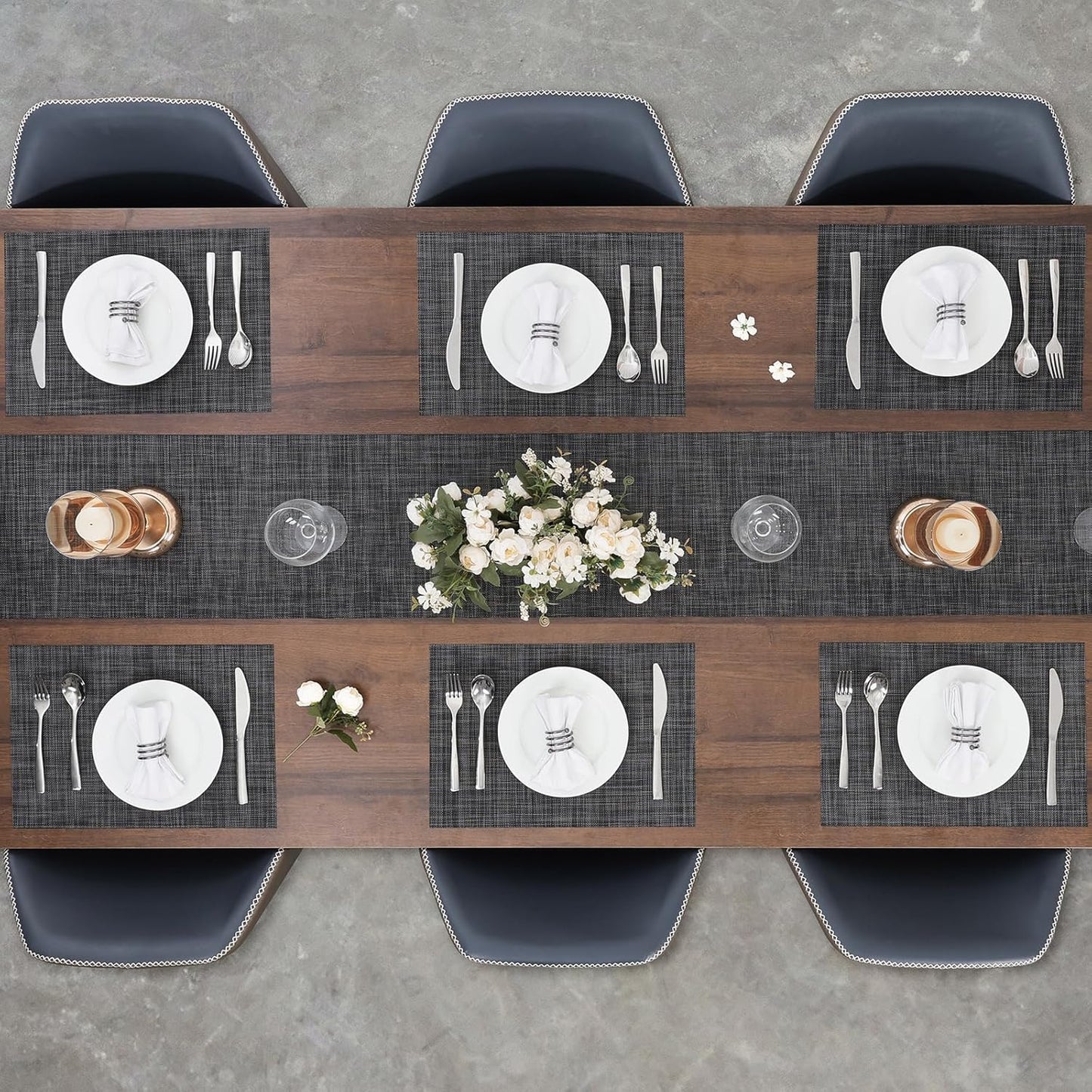 Myir JUN Placemats Set of 4, Vinyl Woven Placemats Place Mats Indoor Set of 4 Washable Table Mats Non-Slip Place mats for Dining Table (Dark Gray-Black, Set of 4)