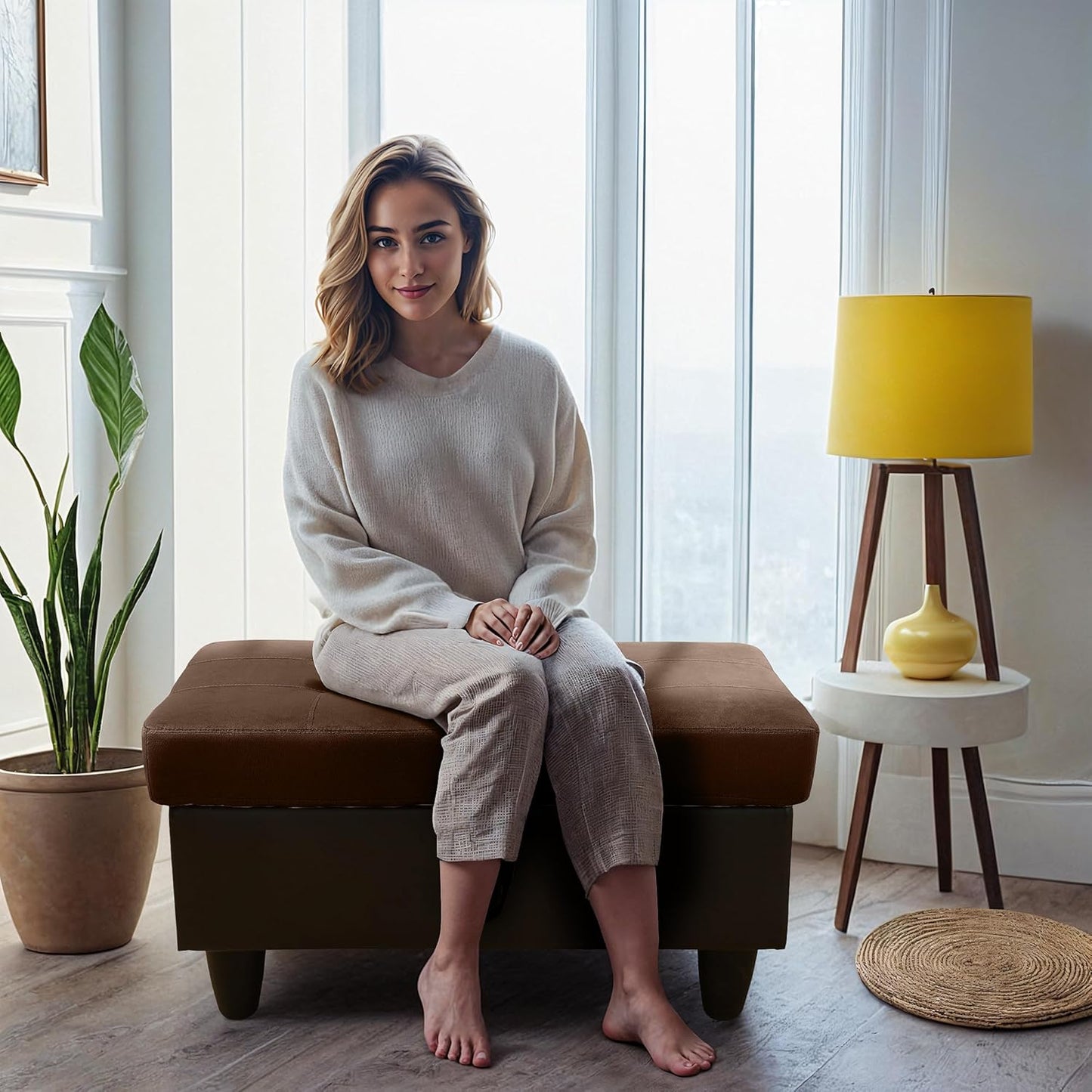 Ottoman Rectangular Storage Ottoman Bench, Flannel Footrest Stool Footstool with Lid for Living Room, Bedroom, Entryway, Brown&Black, 35"x23.5"x17.5"