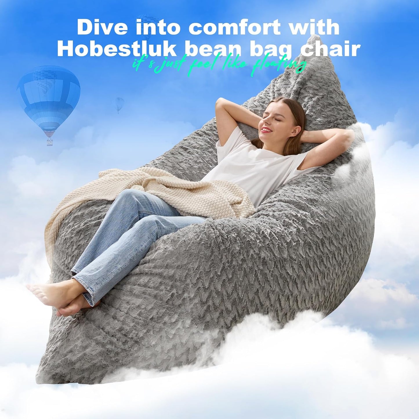 Hobestluk 3 in 1 Bean Bag Chair Giant Bean Bag Chairs for Adults with Chevron Plush Fur Cover Convertible Bean Bag Floor Cushion with Machine Washable Cover for Living Room (Chevron Plush Grey)