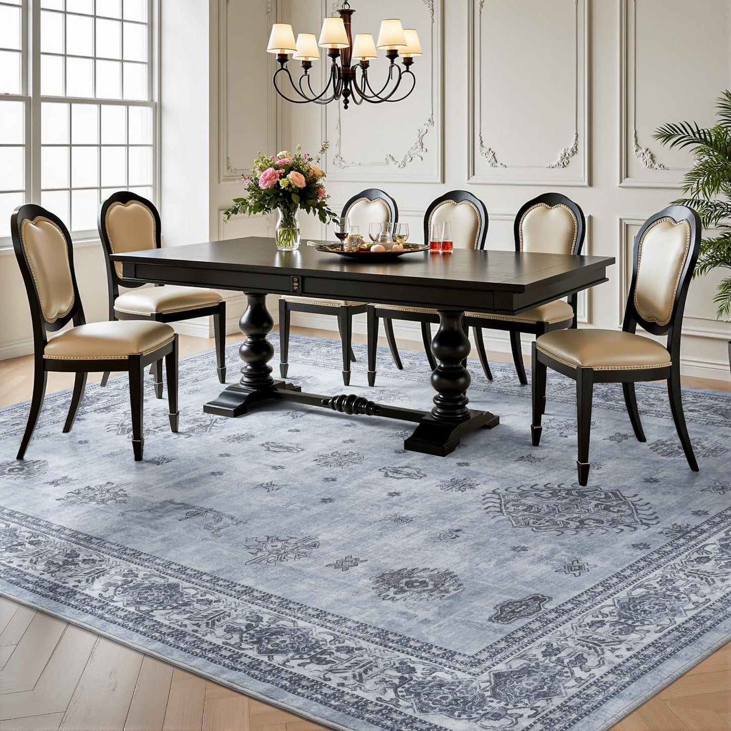AMOAMI-Vintage Area Rug 8X10 Blue Rugs for Living Room-Soft Living Room Rug Non Slip Rugs for Bedroom Carpet Machine Washable Rug for Dining Room Bedside Office Room Decor