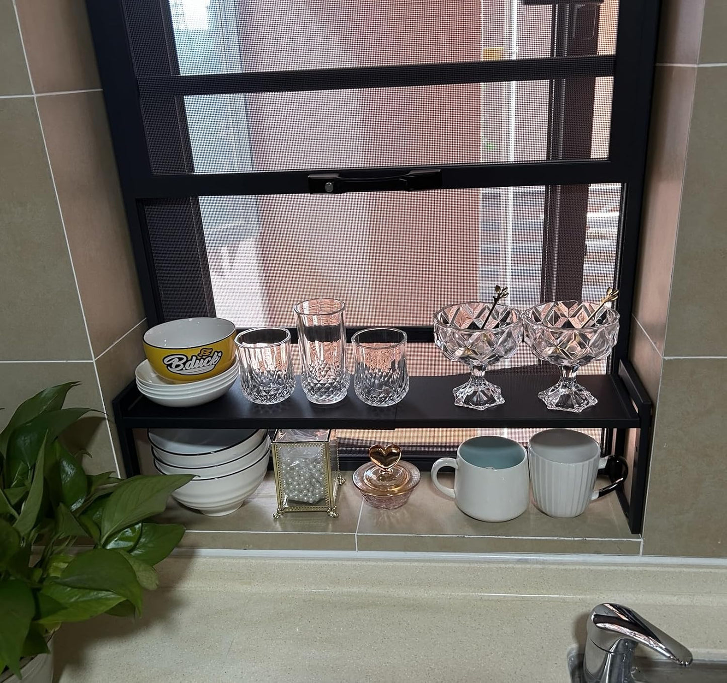 Expandable Cabinet Shelf Organizer 16-26" L Stackable Kitchen Counter Shelf Rack Stand Sink Riser Countertop Storage Black (Narrow 5.1”D)