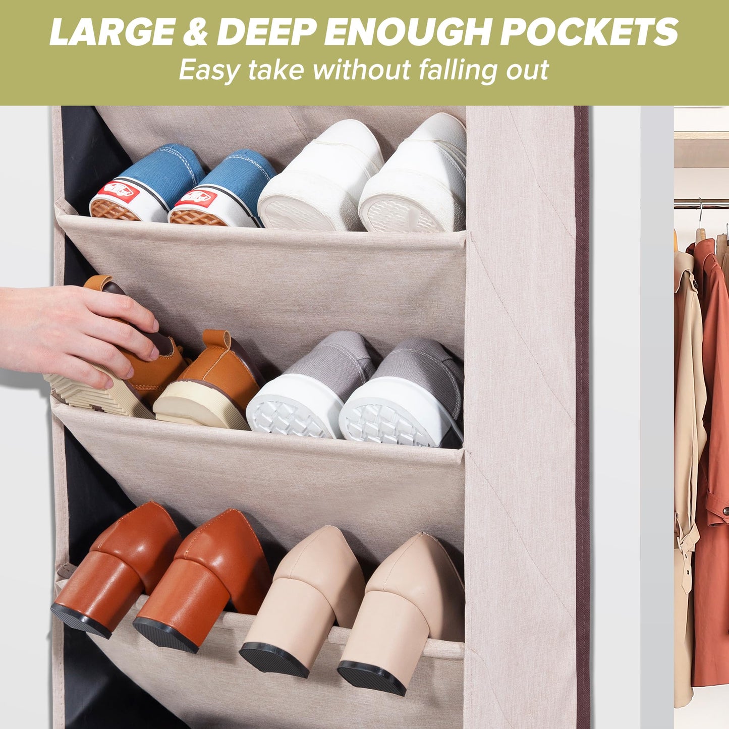 6 Pack Shoe Organizer with 6 Extra Large Pockets and 4 Large Pocket, Over the Door Sturdy Closet