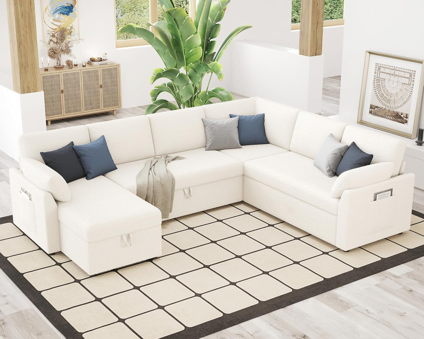 VanAcc Pull Out Sofa, 112 Inch Oversized U Shape Sleeper Sofa Couch with Storage Chaise & 3 Seater, Comfy Couch with Pull Out Bed for Living Room, White Boucle