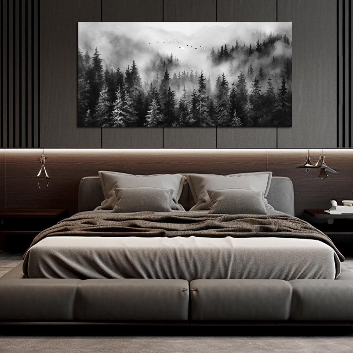 Large Pictures for Living Room Foggy Forest Canvas Wall Art for Bedroom Black Home Office Wall Decor 29 x 59 Inch