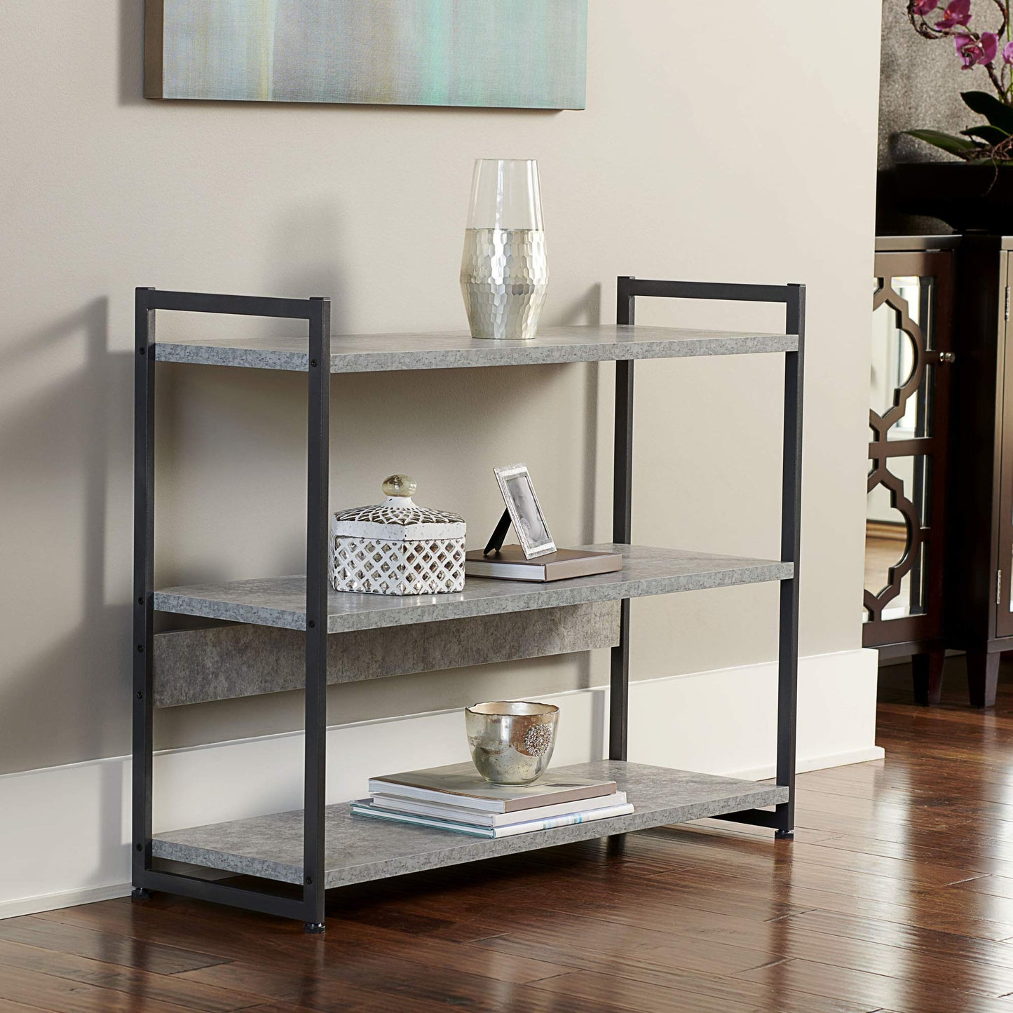 Household Essentials Slate Concrete & Iron Three-Tier Bookshelf