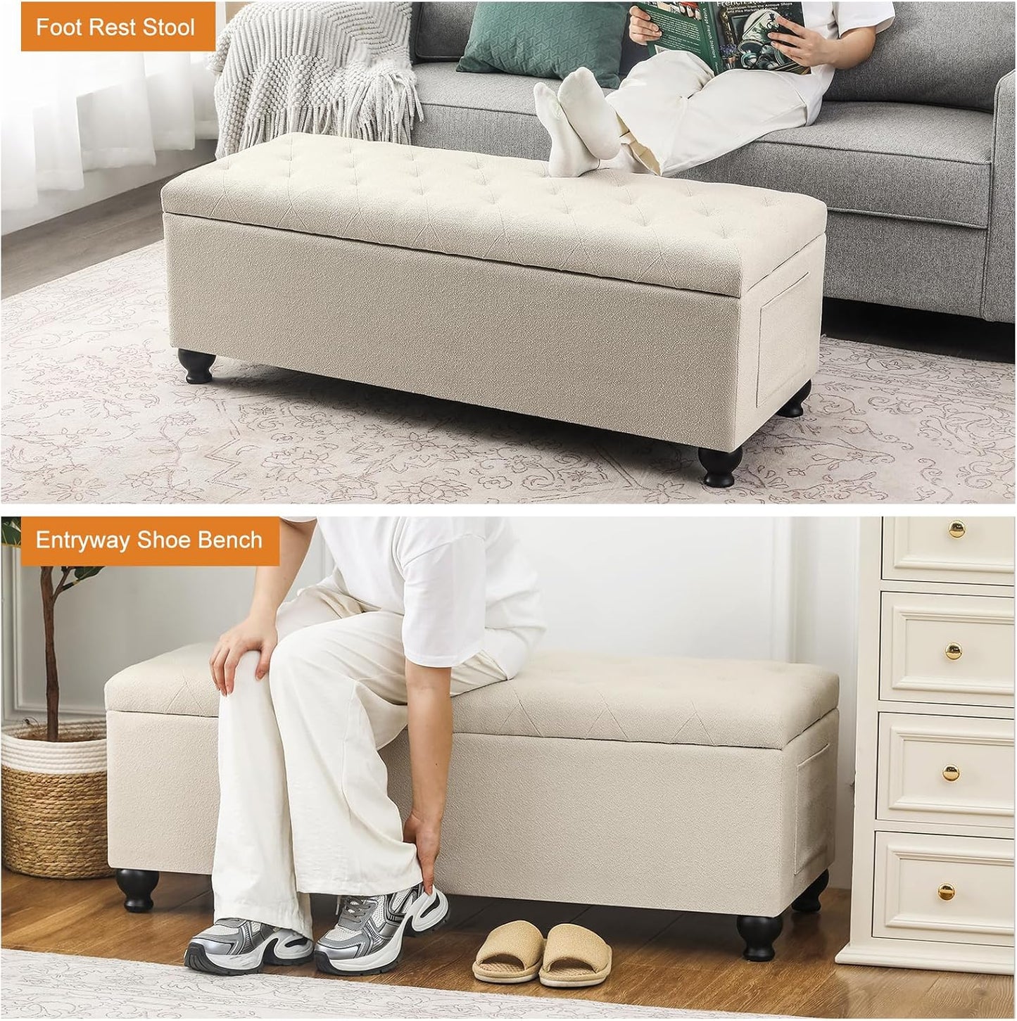 Storage Ottoman Bench 46 Inch Ottoman Bench with Storage Fabric Tufted Benches for End of Bed, Upholstered Ottomans Benches King Size with Hinged Lid for Living Room Bedroom Beige