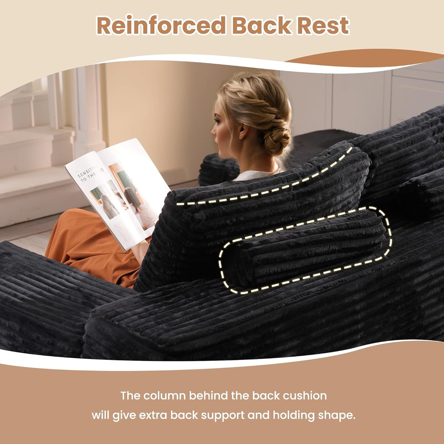 HOOOWOOO Cloud Sectional Couches for Living Room,Modular Sectional Sofa No Assembly,136X133 Inch Plush Corduroy Large G Shaped Floor Couch Set with Deep Seat Chaise Ottoman(Black)