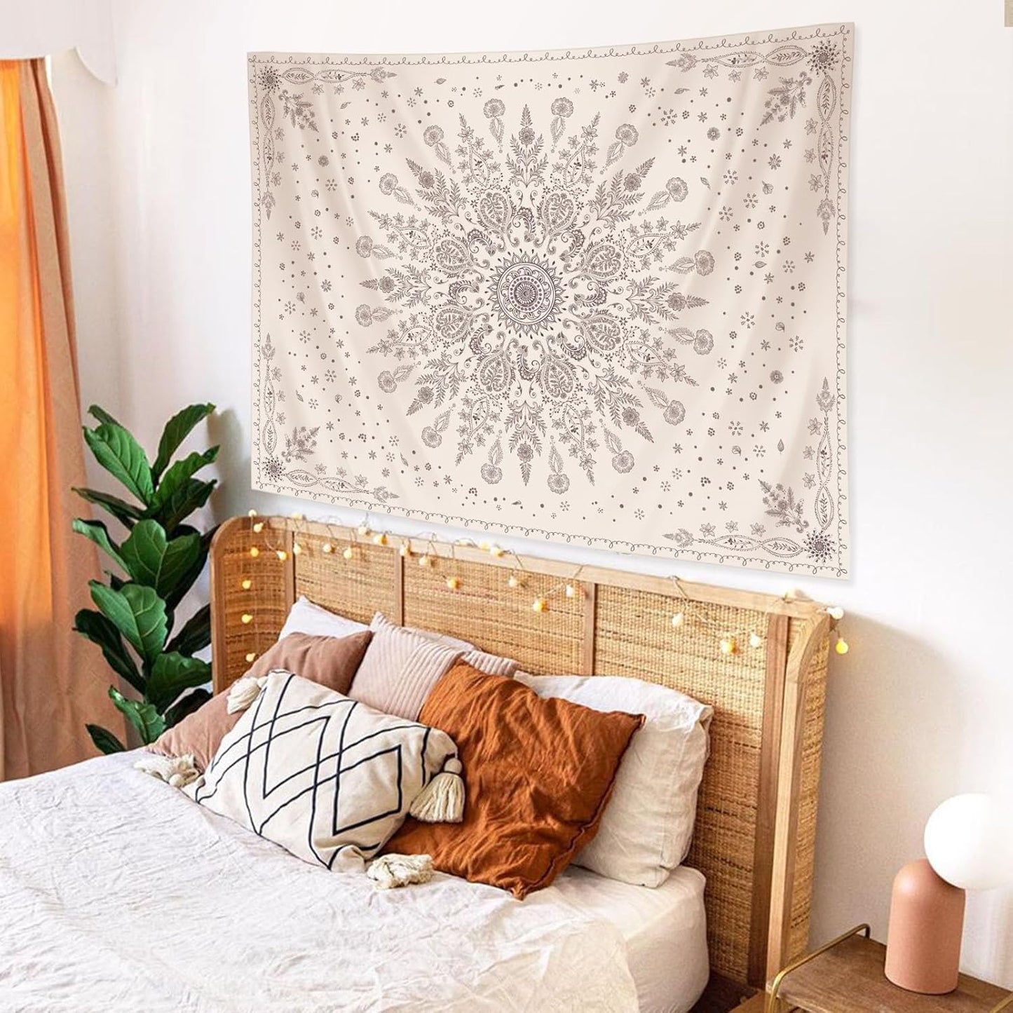 Lunerfex Boho Floral Tapestry Mandala Wall Tapestry, Cute Tapestries for Bedroom Beige Flower Tapestries Wall Hanging for Bedroom Living Room Decor Beige-1 70"x90"