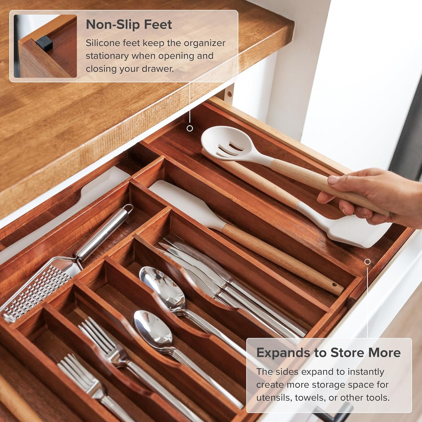 Premium Silverware, Flatware and Utensil Organizer for Kitchen Drawers, Expandable 14.5 to 25 Inches Wide, 10 Compartments, Food-Safe Premium Acacia Wood Finish Kitchen Storage Tray