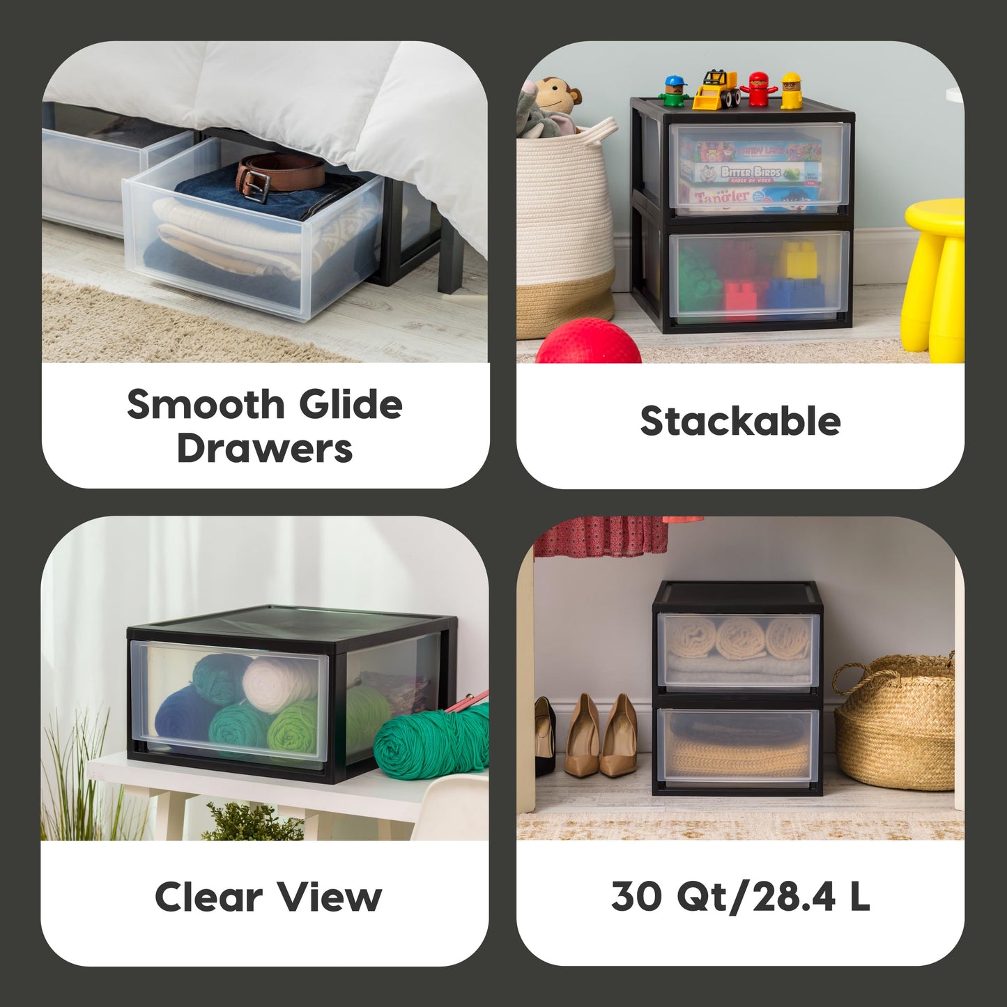 IRIS USA 2-Pack 30 Qt. Stacking Drawer Organizer with Sliding Drawer, Black