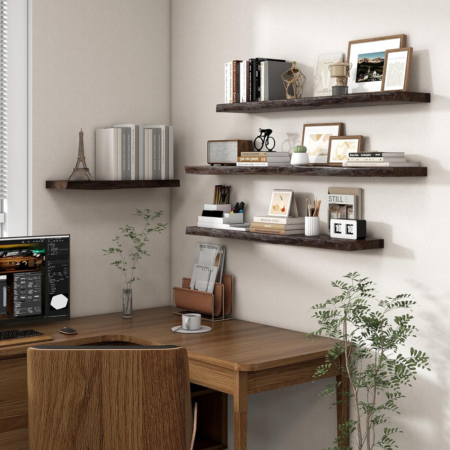 Axeman 48 inch Floating Shelves for Wall - 8'' D Live Edge Rustic Solid Elm Wood Floating Shelves Wall Mounted, Hanging Shelves with Invisible Bracket for Living Room Bedroom Kitchen, Walnut