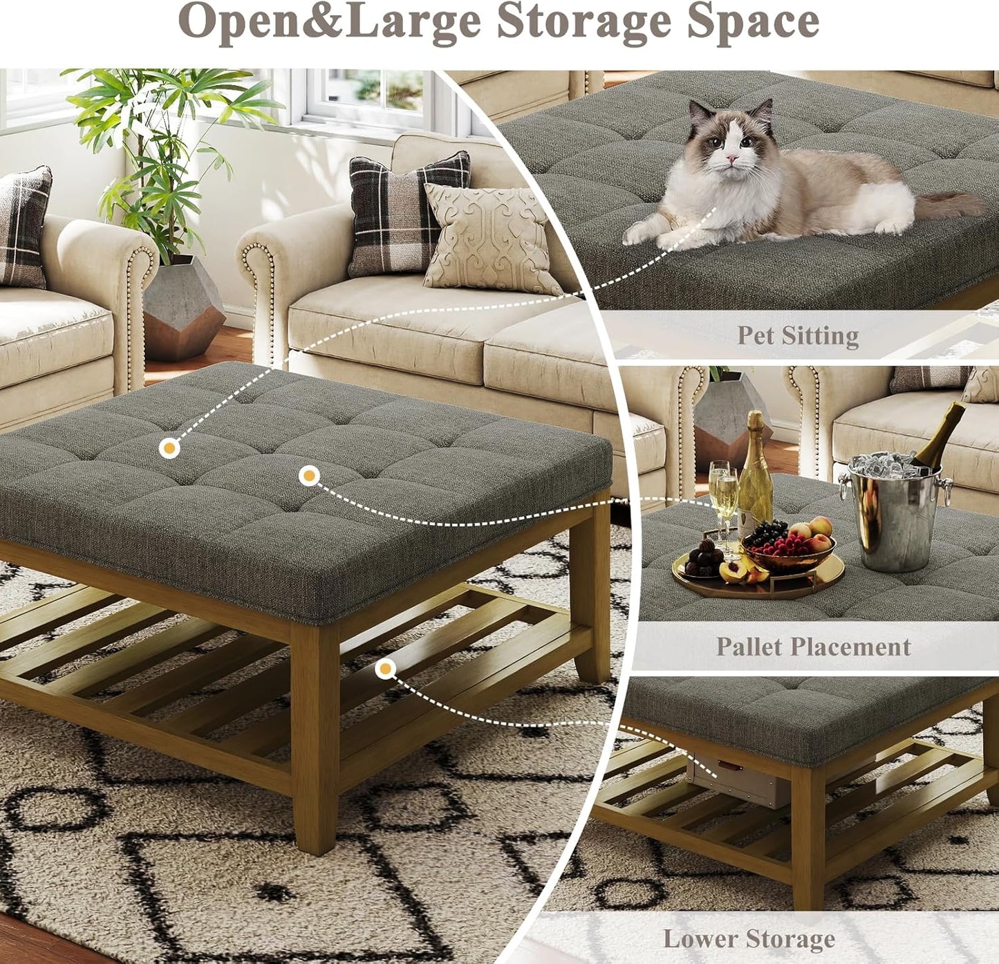 Large Square Ottoman Coffee Table, Linen Solid Upholstered Footrest Ottoman with Solid Wood Shelf Storage Tufted Coffee Table for Bedroom Living Room, Granite