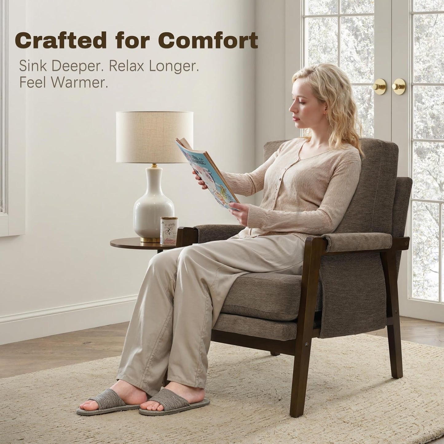 Modern Accent Chairs Set of 2 for Living Room Mid Century Arm Chairs Upholstered Bedroom Chairs Comfy Lounge Chairs with Solid Wood Frame, Dark Brown