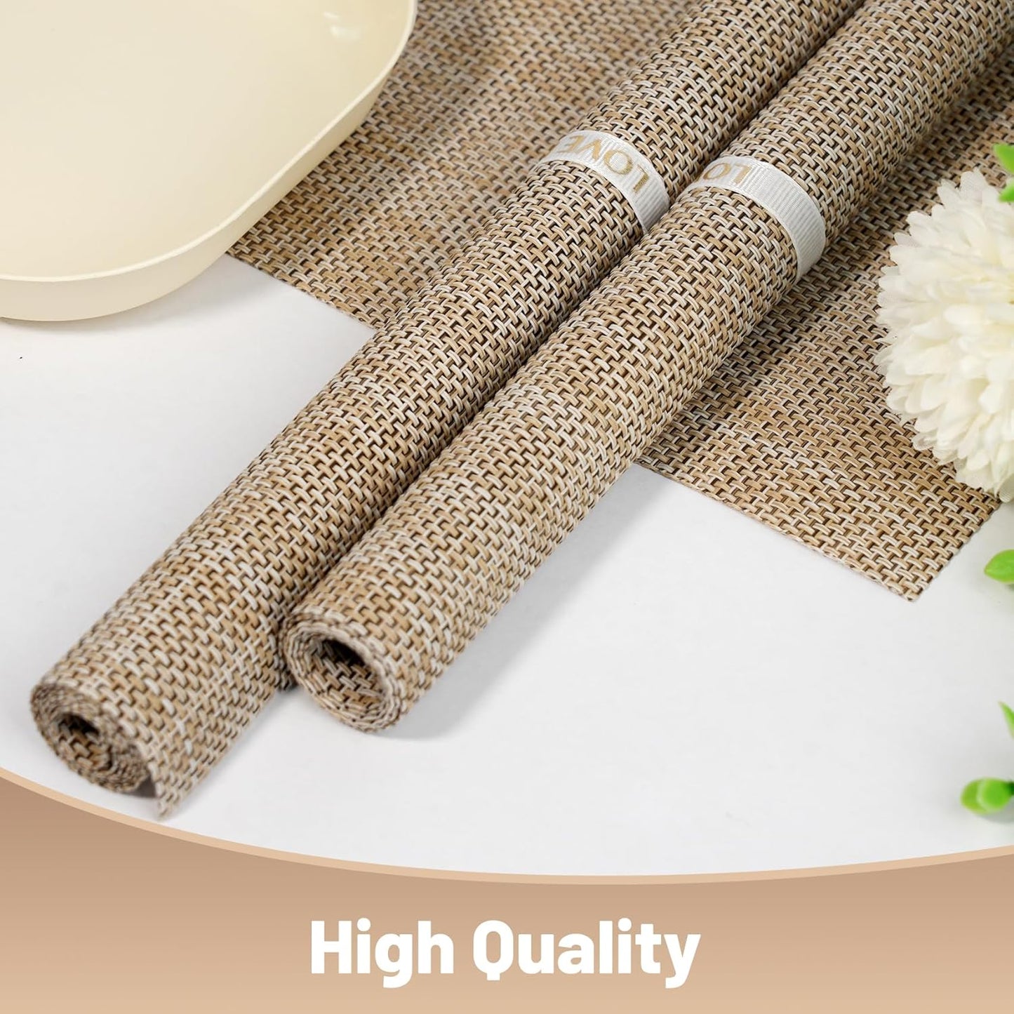 Placemats Set of 6,Non-Slip PVC Weave Table Mats Easy to Clean,Heat Resistant Place Mats for Kitchen Dining Table Decoration Indoor Outdoor,Beige