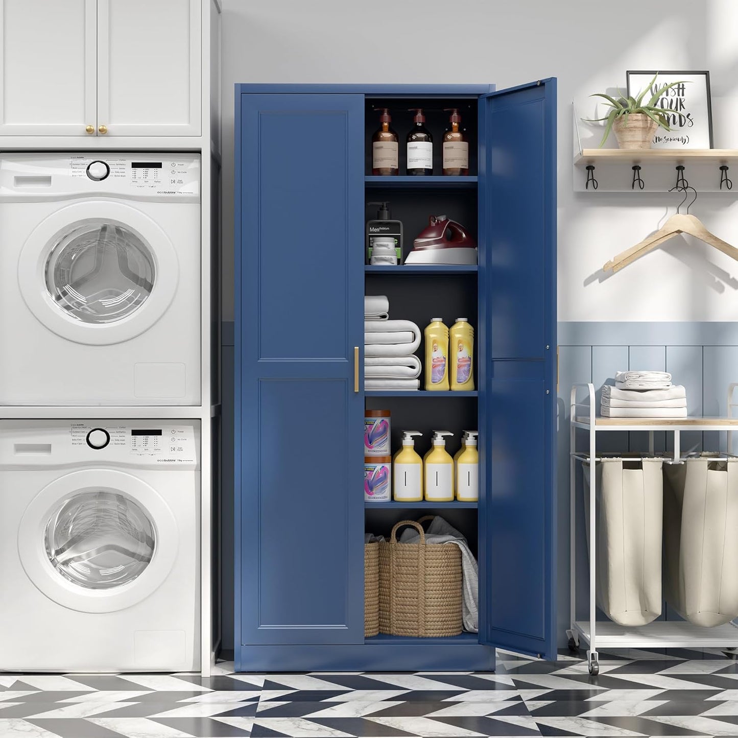 Kitchen Pantry Cabinet,71”Blue Metal Pantry Storage Cabinets with Doors and 4 Adjustable Shelves,Kitchen Cabinet with 2 Gold Handles,Tall Cabinet for Livingroom,