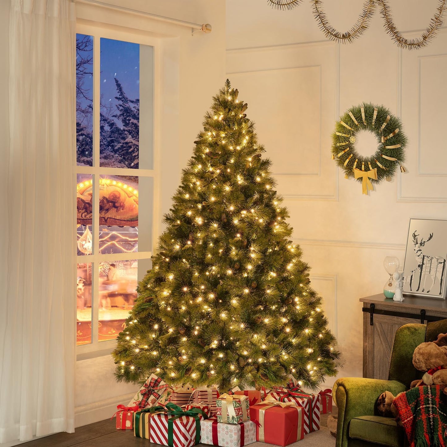 Naomi Home Vail 4.5ft Prelit Artificial Christmas Tree with Pine Cones, Foot Pedal, 561 Branch Tips, 300 Warm Lights and Metal Stand, 38" Wide Realistic Traditional Christmas Tree with Lights