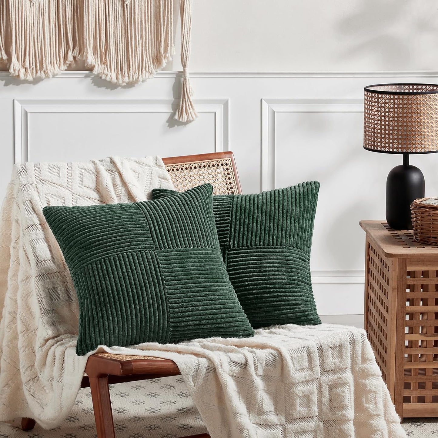 Fancy Homi Set of 2 Dark Green Boho Decorative Throw Pillow Covers 18x18 Inch for Living Room Couch Bed, Modern Farmhouse Forest Green Home Decor, Soft Textured Corduroy Corss Patchwork Cushion Case