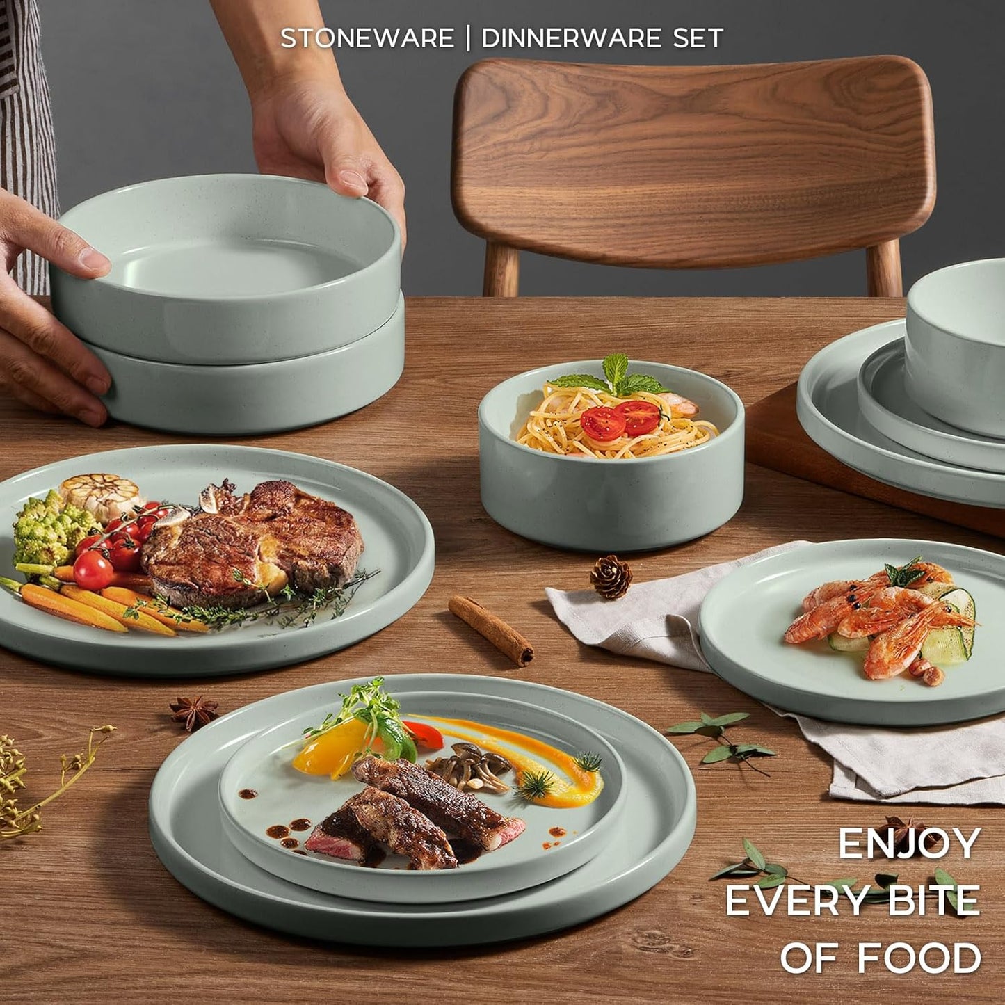 Onader Speckled Dinnerware Set for 4 with Pasta Bowl, 16 Piece Stoneware Plates and Bowls Dishes Set, Microwave & Dishwasher Safe – Pale Sage Green