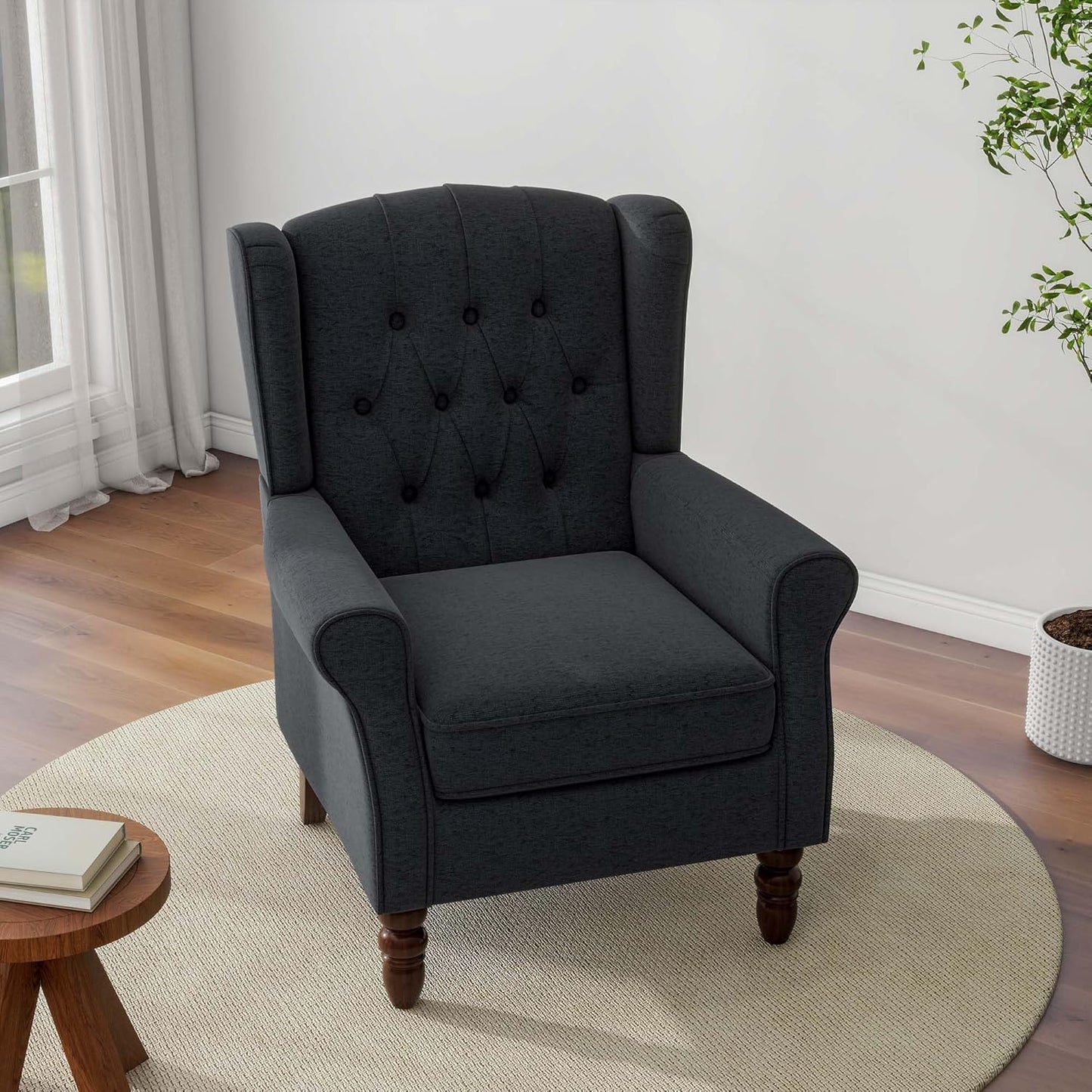 Accent Chair, Upholstered Armchair with Button Tufted High Back & Solid Wood Legs, Comfy Wingback Reading Single Sofa Chair for Small Spaces, Living Room, Bedroom-Blue,1 SEAT