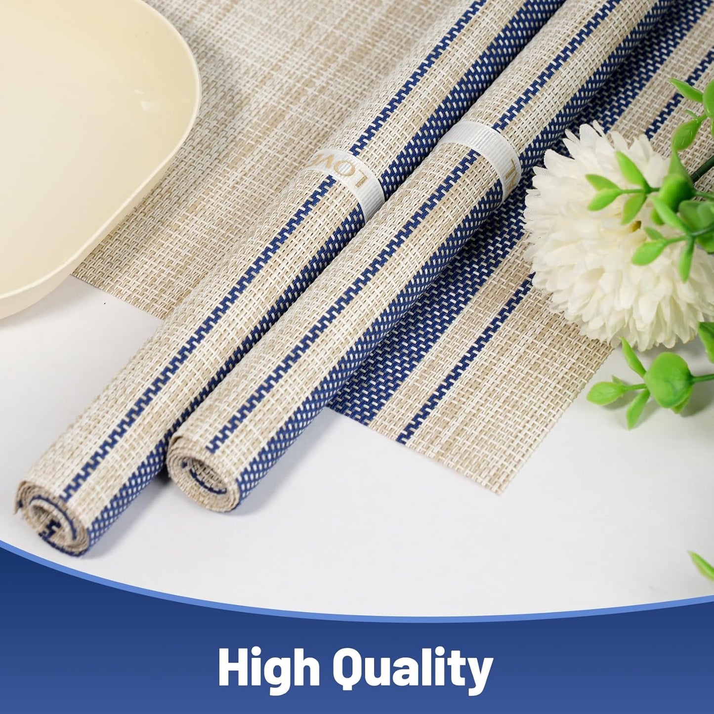 Placemats Set of 6,Non-Slip PVC Weave Table Mats Easy to Clean,Heat Resistant Place Mats for Kitchen Dining Table Decoration Indoor Outdoor,Khaki Blue