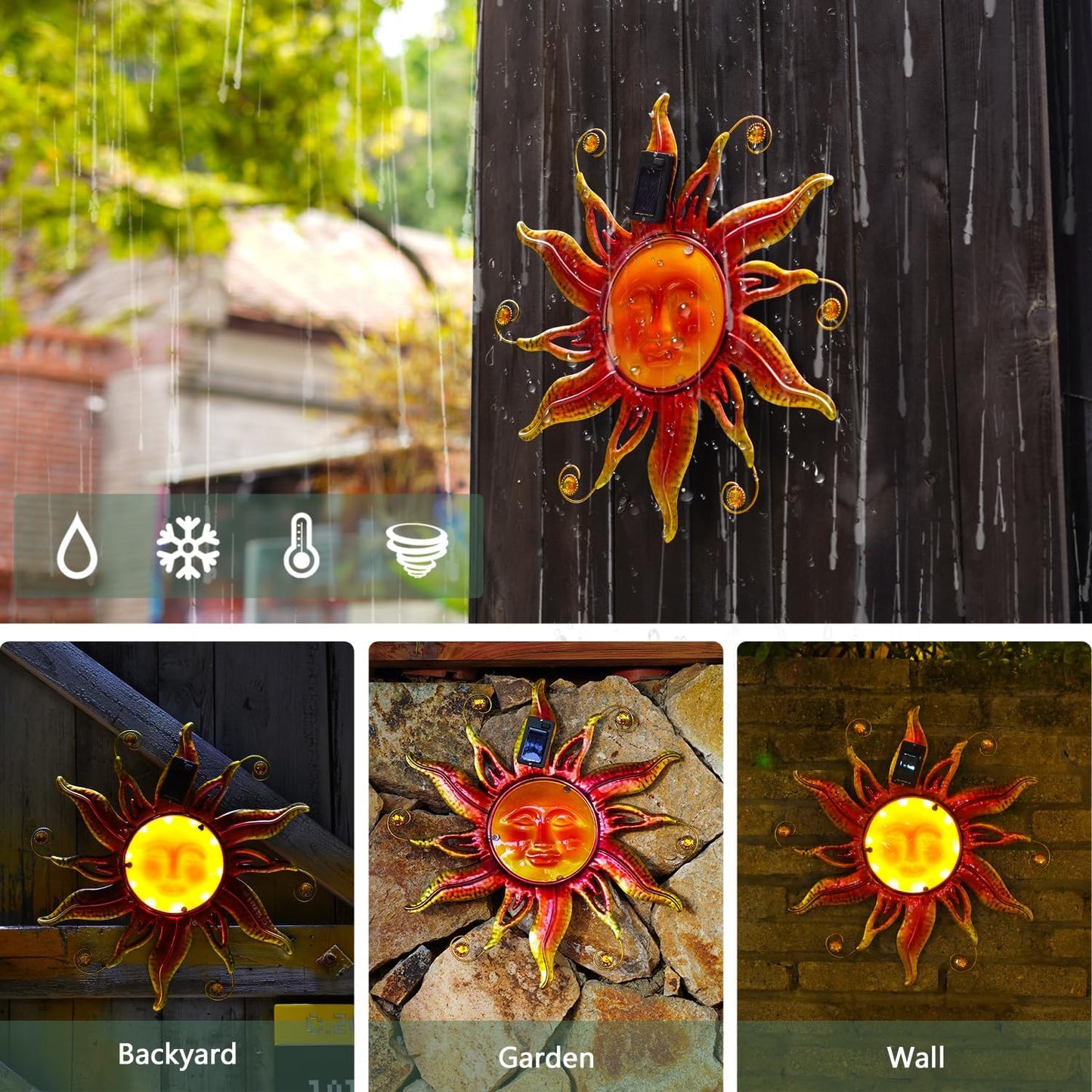 Goodeco Solar Sun Face Wall Art – Metal Outdoor Wall Decor with Solar LED Lights for Garden & Patio - Weather Resistant, Smiling Sun Face Design (18 inch, Gold