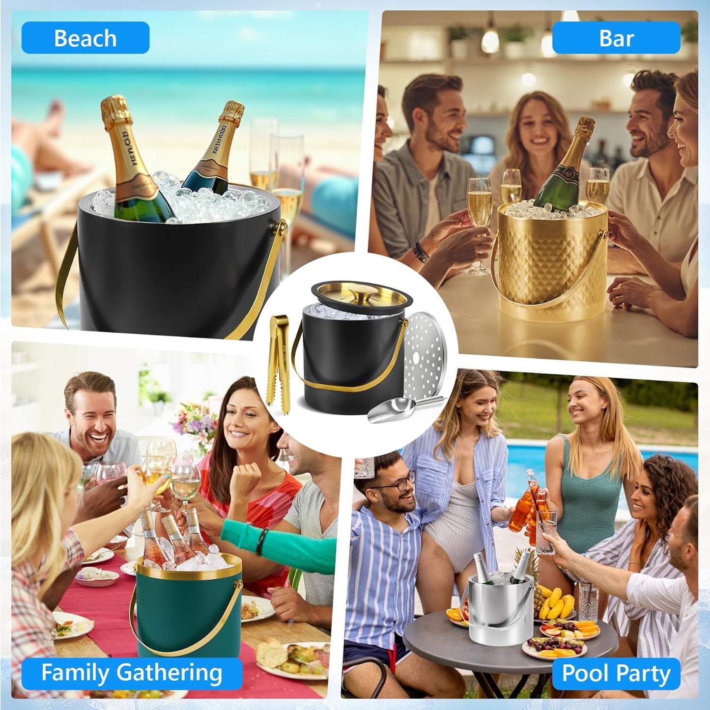 Ice Bucket, Ice Bucket with Silicone Sealing Ring Double-Wall Vacuum Insulation Champagne Buckets with Filter Layer Ice Tongs Ice Scoop (Black, 4 L)