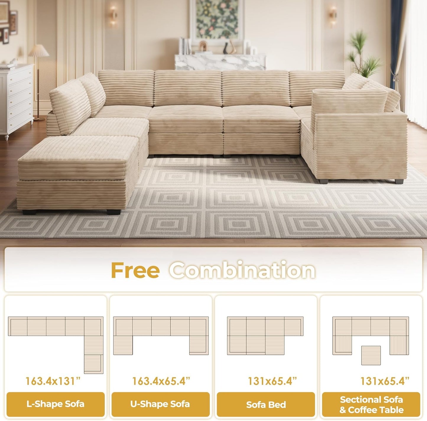 HOOOWOOO Modular Sectional Sofa,7 Pieces Sectional Couches for Living Room,131X66 U Shaped Cloud Couch with Ottoman Chaise Set(Beige Velvet Corduroy)