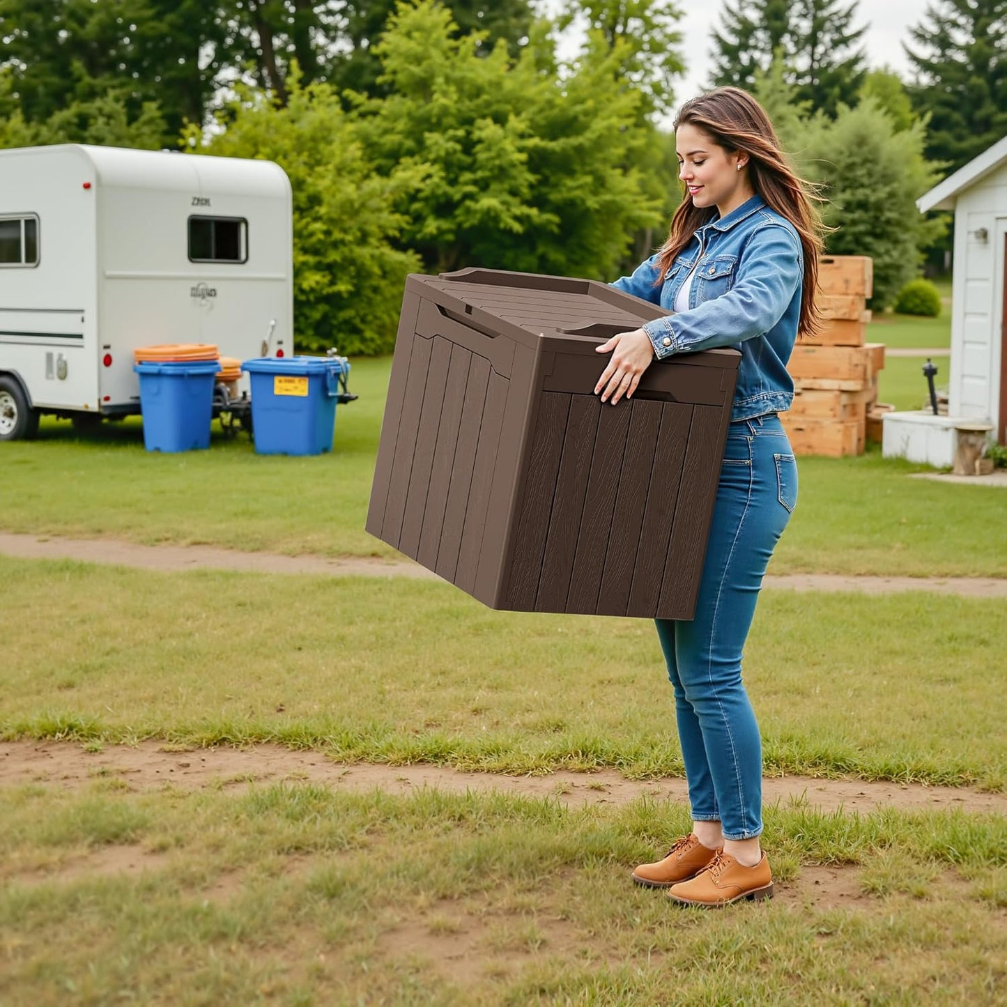 Devoko 30 Gallon Resin Deck Box 2 Pack Outdoor Indoor Waterproof Storage Box for Patio Furniture Pool Accessories Storage for Cushion Garden Tools (Brown, 2 Pack)