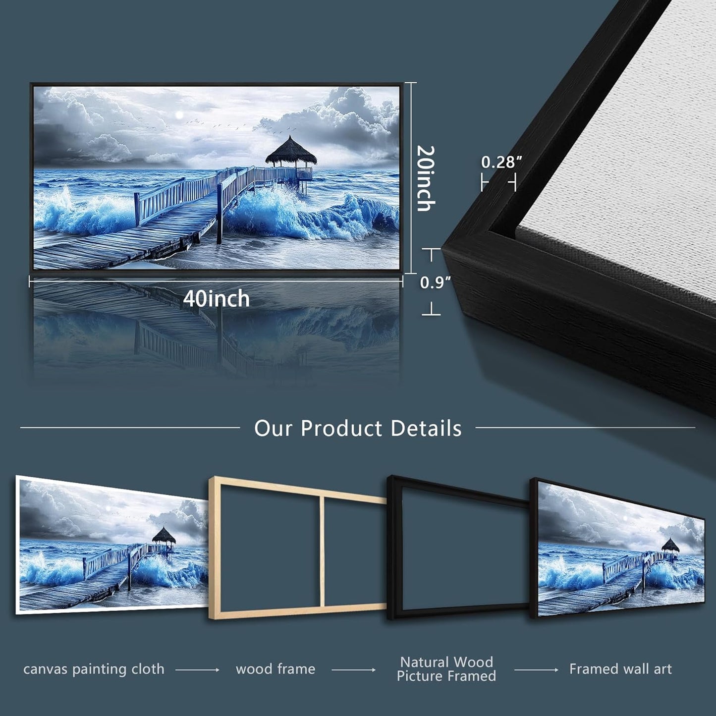 ZUITINGHUA Black Framed Canvas Wall Art For Living Room Wall Decor For Bedroom Office Wall Decoration Ocean Landscape Paintings Black And White Pictures Artwork Room Aesthetic Home Decor 20x40 In