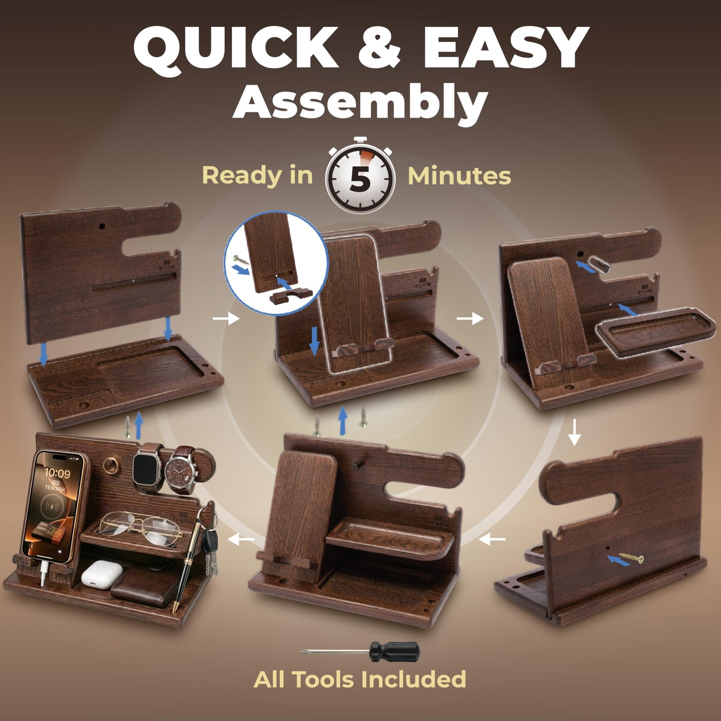 TESLYAR Wood Phone Docking Station for Men - Desk or Nightstand Organizer - Birthday Gifts for