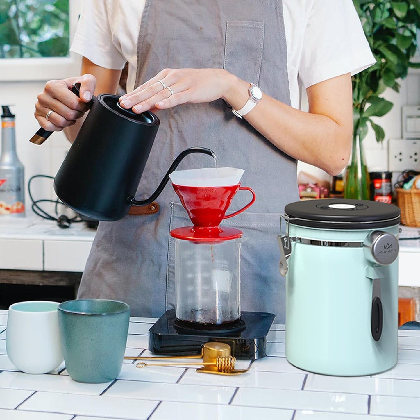 35OZ Coffee Canister for ground coffee with Date Tracker,Mint Green 304 Stainless Steel Kitchen Food Airtight storage container for Coffee Beans or Grounds, Tea, Sugar