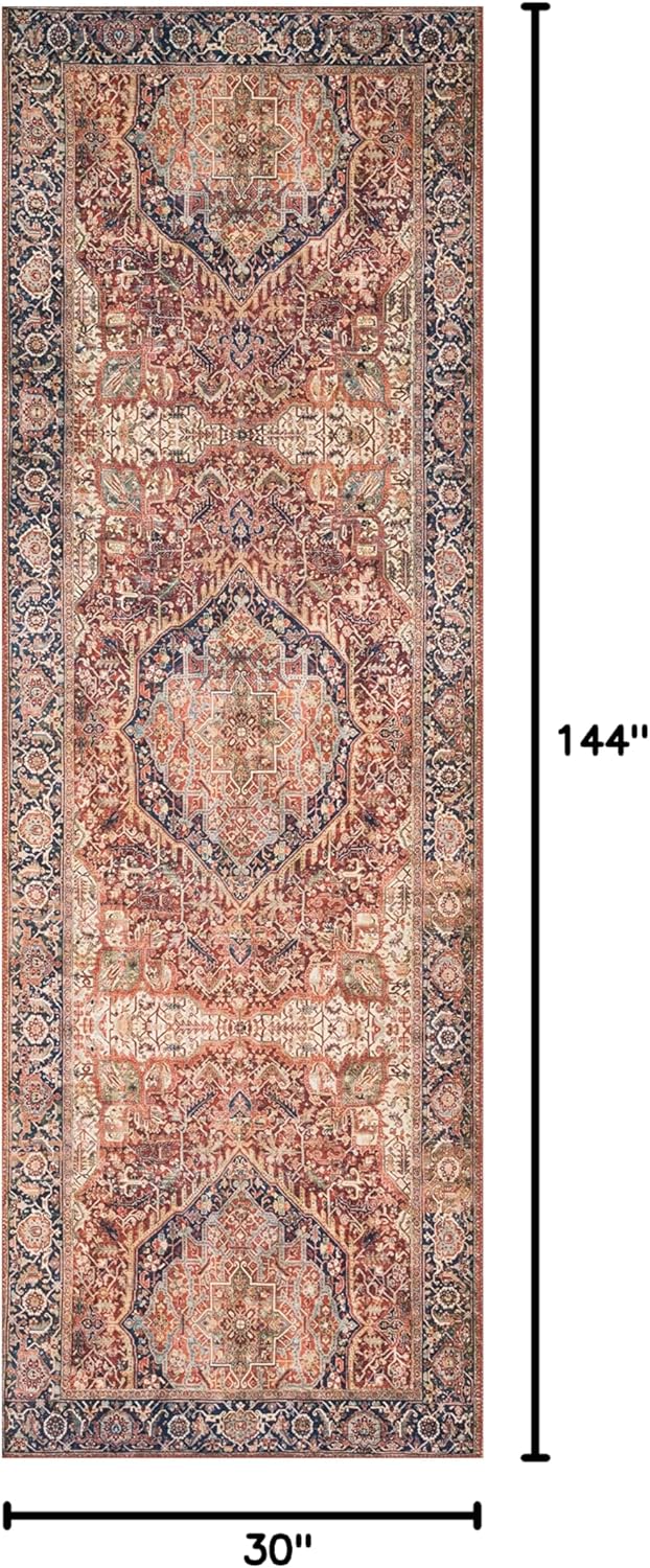 Loloi Layla Collection LAY-08 Red/Navy 2'-6" x 12'-0" .13" Thick Runner Rug, Soft, Durable, Vintage Inspired, Distressed, Low Pile, Non-Shedding, Easy Clean, Printed, Living Room Rug