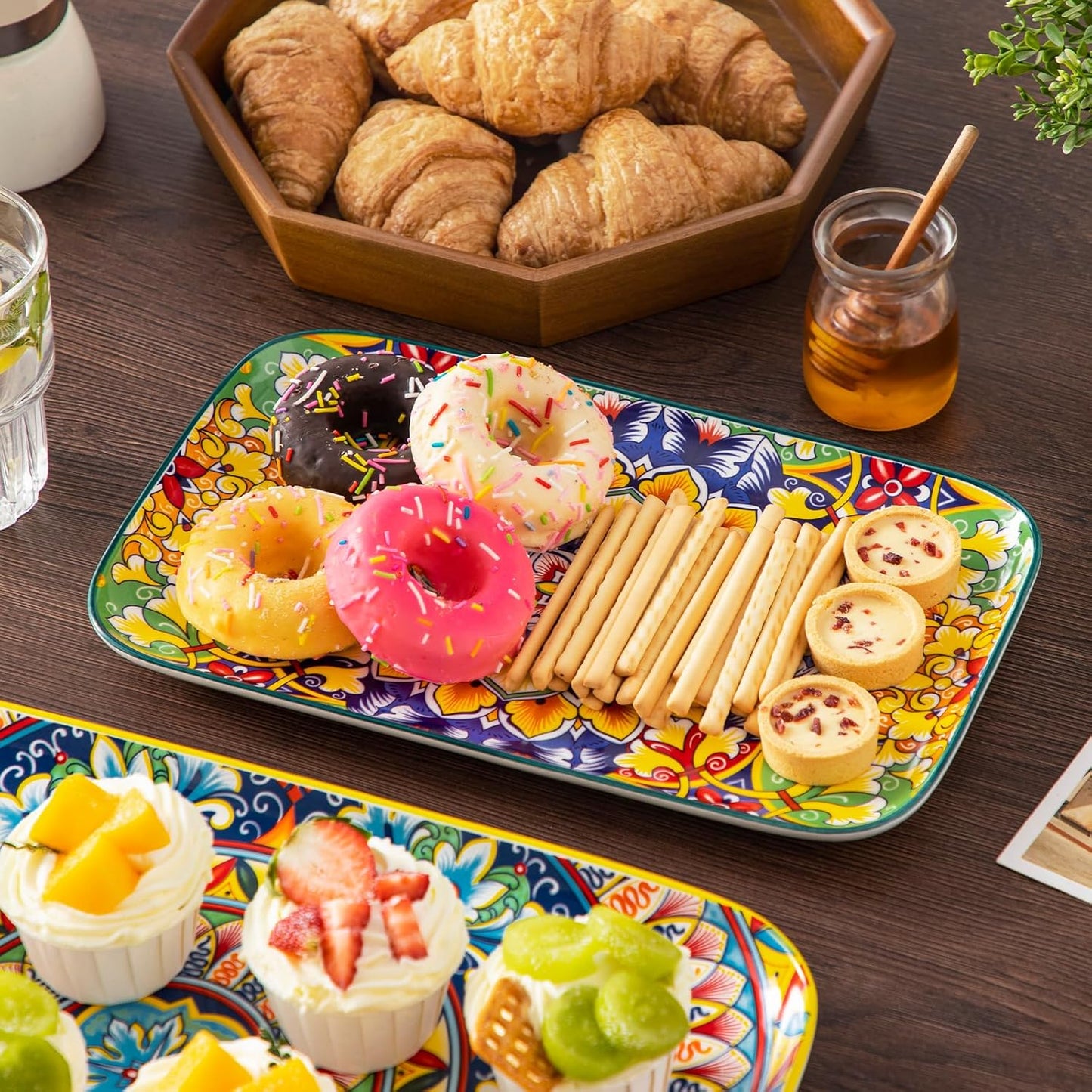 vancasso Serving Platters Set of 3, 16"/14"/12" Inch Rectangular Trays - Serving Platter Extra Large, Bohemian Ceramic Serving Dish for Entertaining Food, Microwave & Dishwasher Safe, Vintage