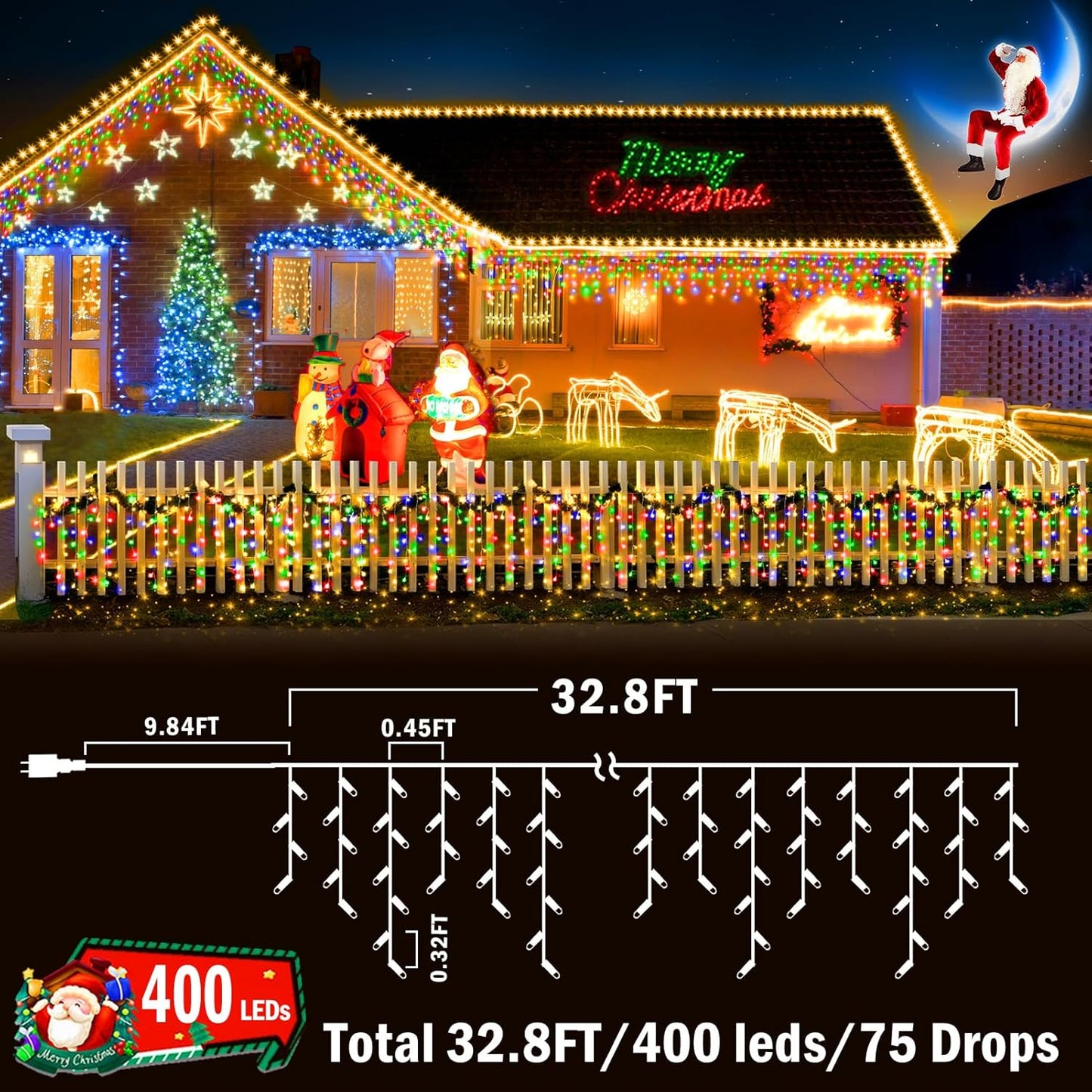 KNONEW Christmas Lights Outdoor Decorations 400 LED 33ft 8 Modes Curtain Fairy String Light with 75 Drops, Clear Wire LED String Light for Wedding Party Holiday Christmas Decorations Multicolor