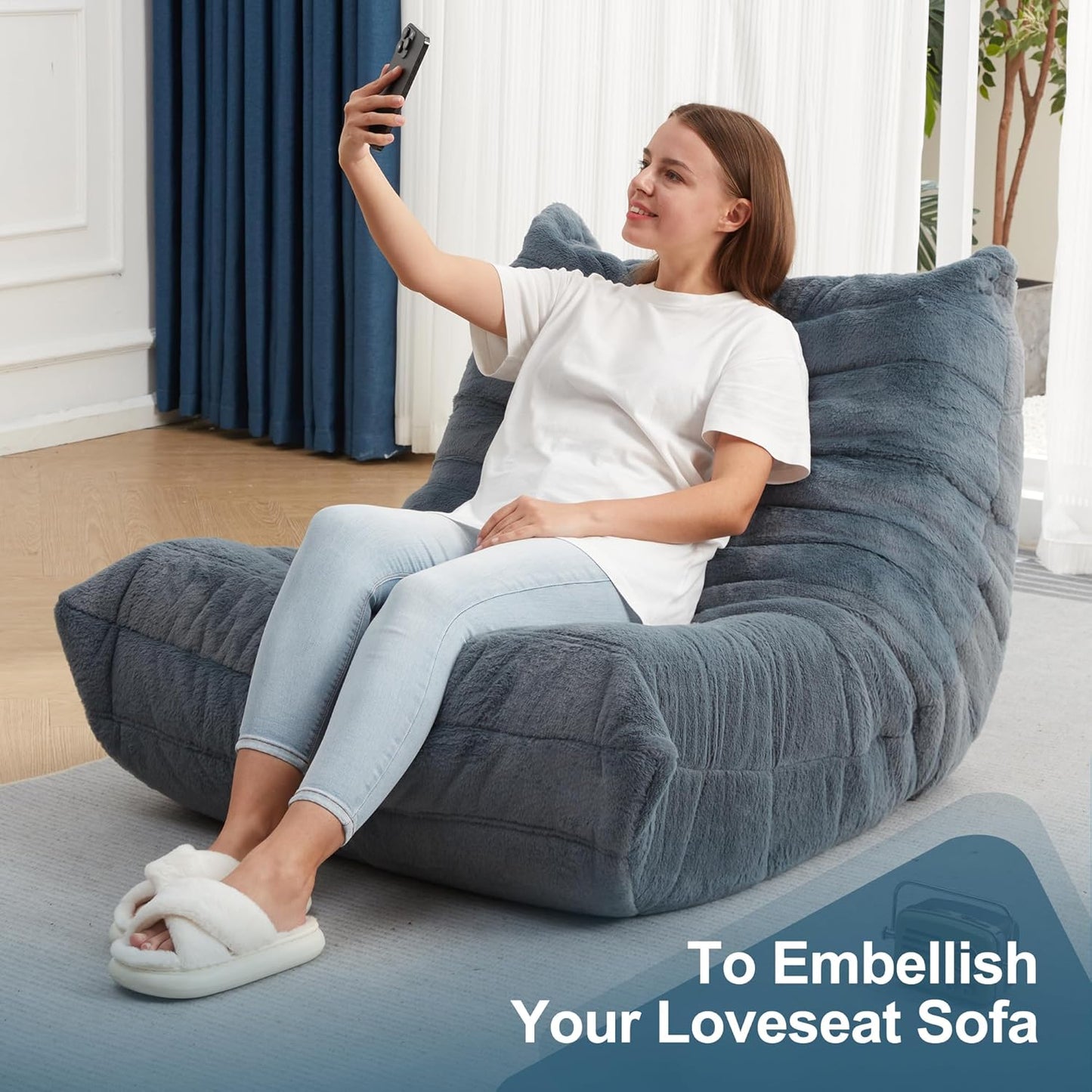 Bean Bag Chairs for Adults Giant Bean Bag Chair Memory Foam BeanBag Chair Big Bean Bag Sofa with Filler Faux Fur Fireside Beanbags Lazy Sofa for Living Room Bedroom Dorm Office (Bluegrey Plush)