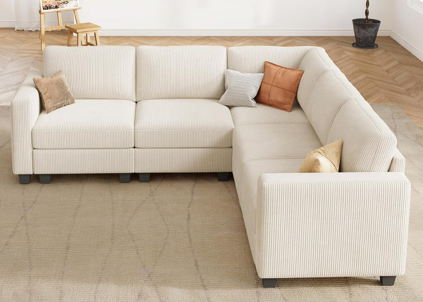 HONBAY Corduroy Modular Sectional Sofa with 5 Seaters, Sectional Corner Sofa with Chaise, L Shape Couches for Living Room, Beige