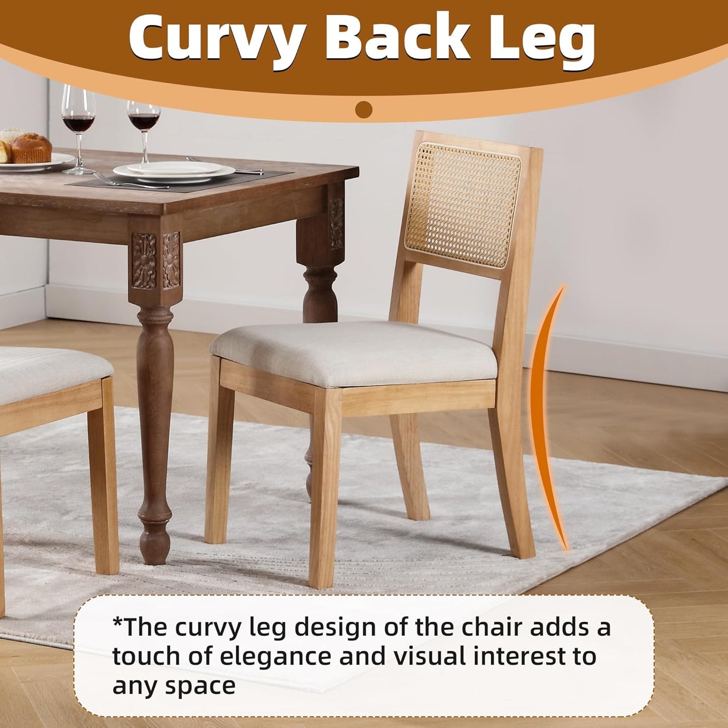 Westice Rattan Dining Chairs Set of 2, Farmhouse Natural Dining Room Chairs with Upholstered Cushion, Wood Armless Chairs for Kitchen/Restaurant