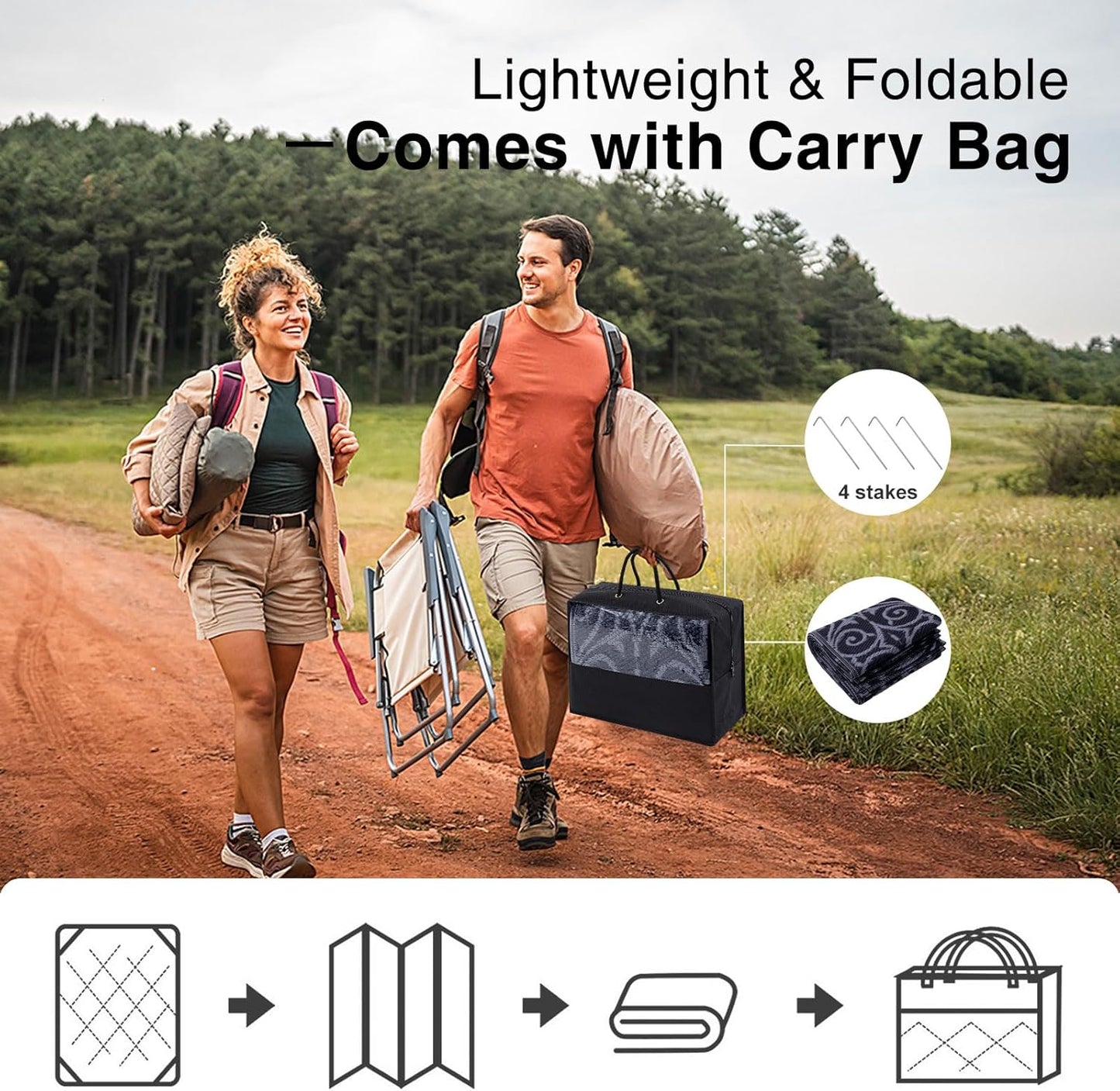 OLANLY Outdoor Rug Waterproof 8x10 ft Clearance, Reversible Outdoor Plastic Straw Rug with Floral Pattern, RV Mat for Patio, Camping, Balcony, Deck, Backyard, Black & Grey