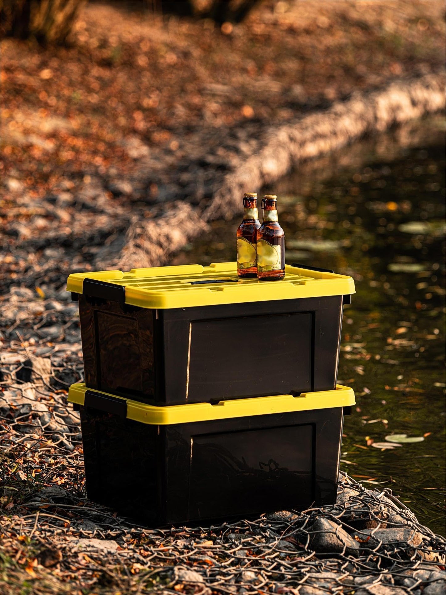 Cetomo 72Qt*4 Plastic Storage Bins, Tote Storage Box with Handle, Stackable, Black and Yellow
