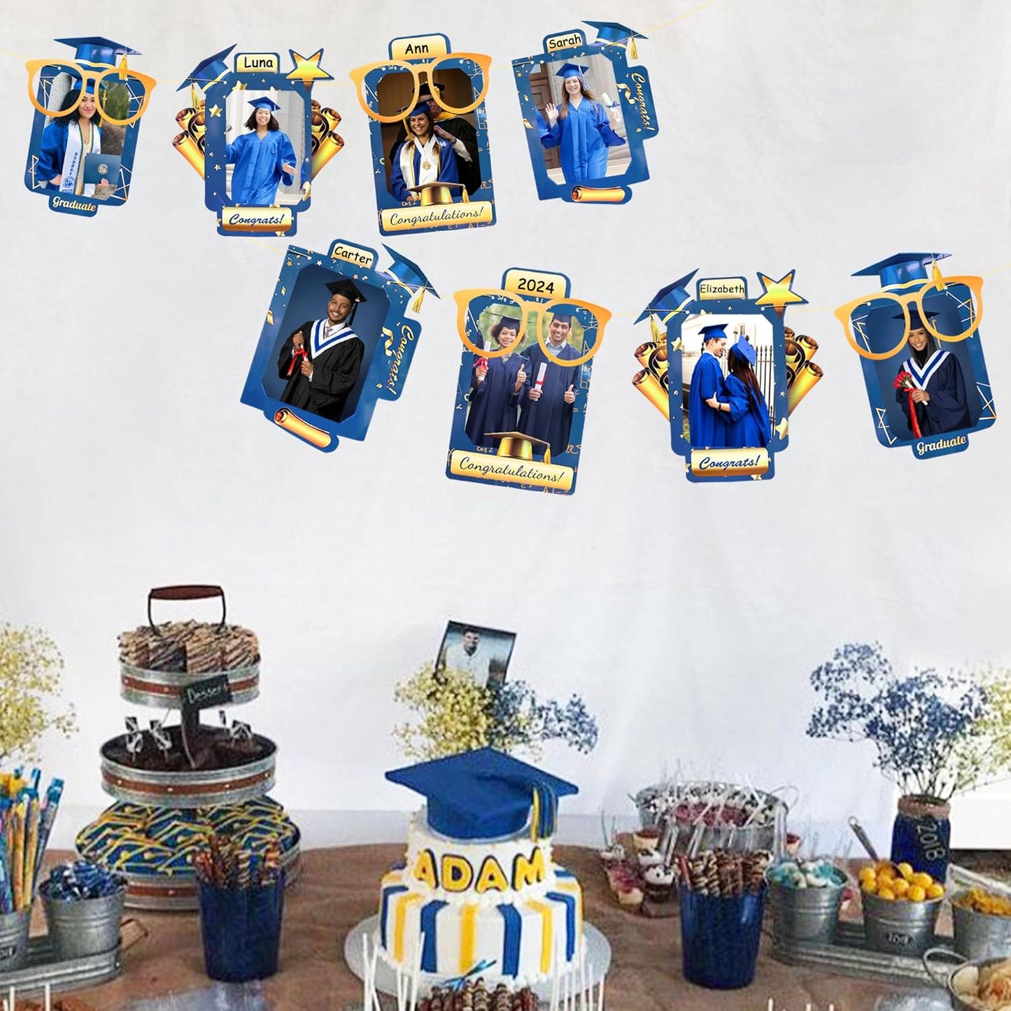 pinkblume Graduation Party Decorations Navy Blue and Gold Grad Photo Banner Royal Blue Gold Congrats Grad Photograph Bunting Garland for 2025 Graduation Celebration Party Decorations Supplies