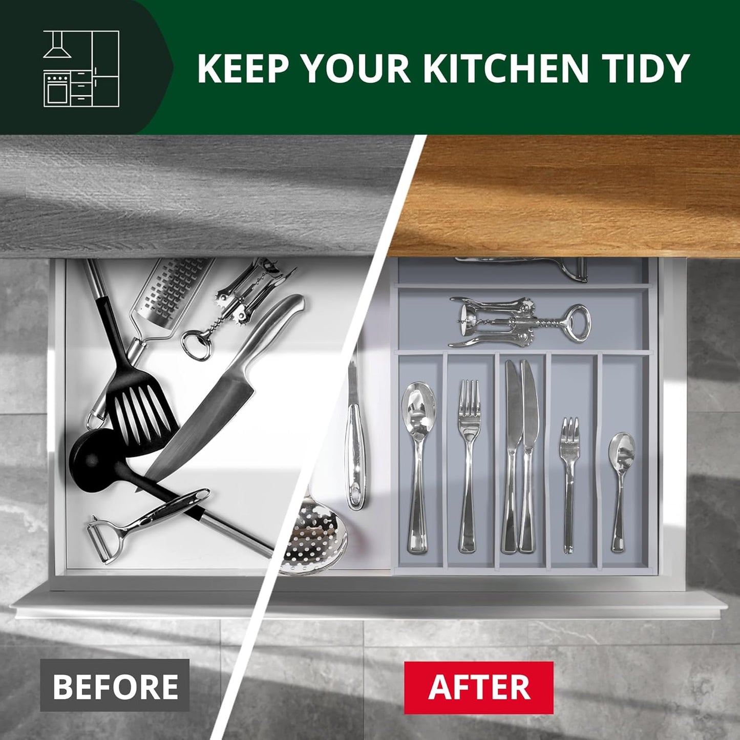 ROYAL CRAFT WOOD Luxury Bamboo Kitchen Drawer Organizer - Silverware Organizer - Utensil Holder and Cutlery Tray with Grooved Drawer Dividers for Flatware and Kitchen Utensils (7 Slot, Gray)