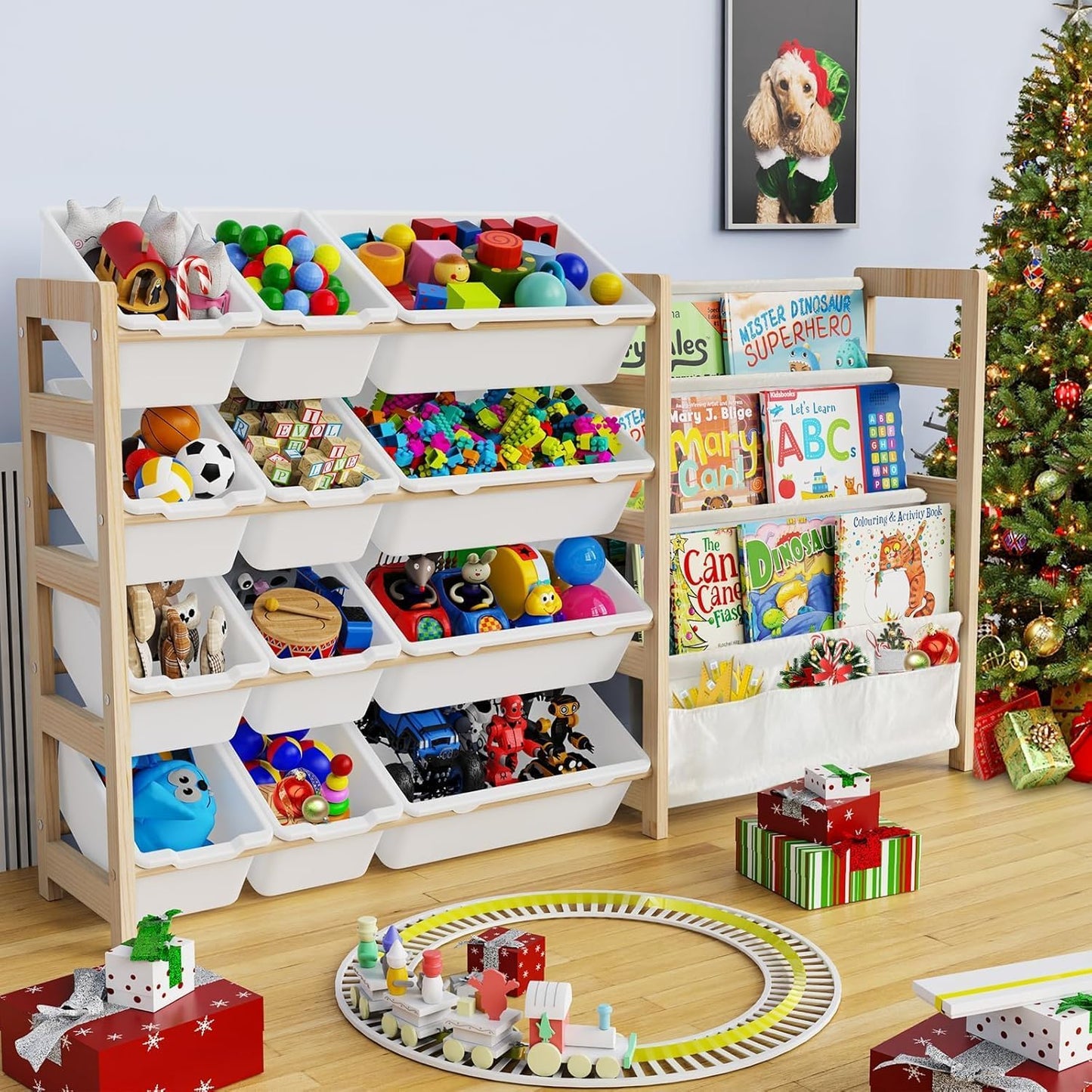 Large Toy Storage Organizer with Bookshelf, Toy Organizers and Storage with 12 Storage Bins, 4 Tier Multipurpose Toys Organizer Storage for Kids Room, Playroom, Nursery Room, White