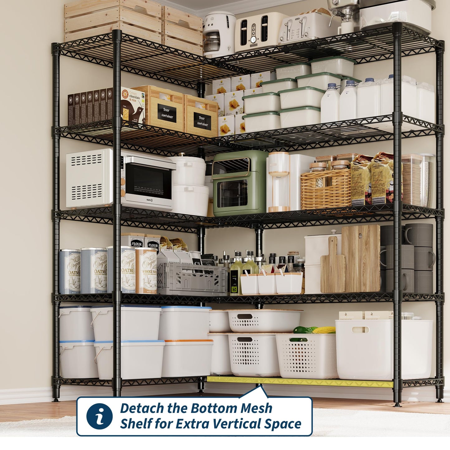MilleLoom 5-Tier Metal Storage Shelves, Heavy Duty Wire Rack Shelving Unit for Garage Kitchen